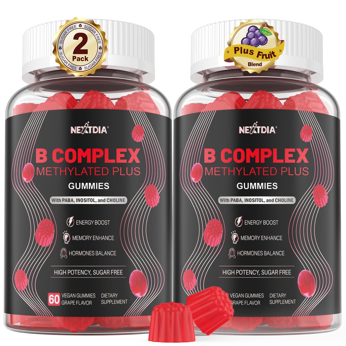 Nextdia Brain & Mood Gummies bottle front, showcasing vegan B-complex for energy support.