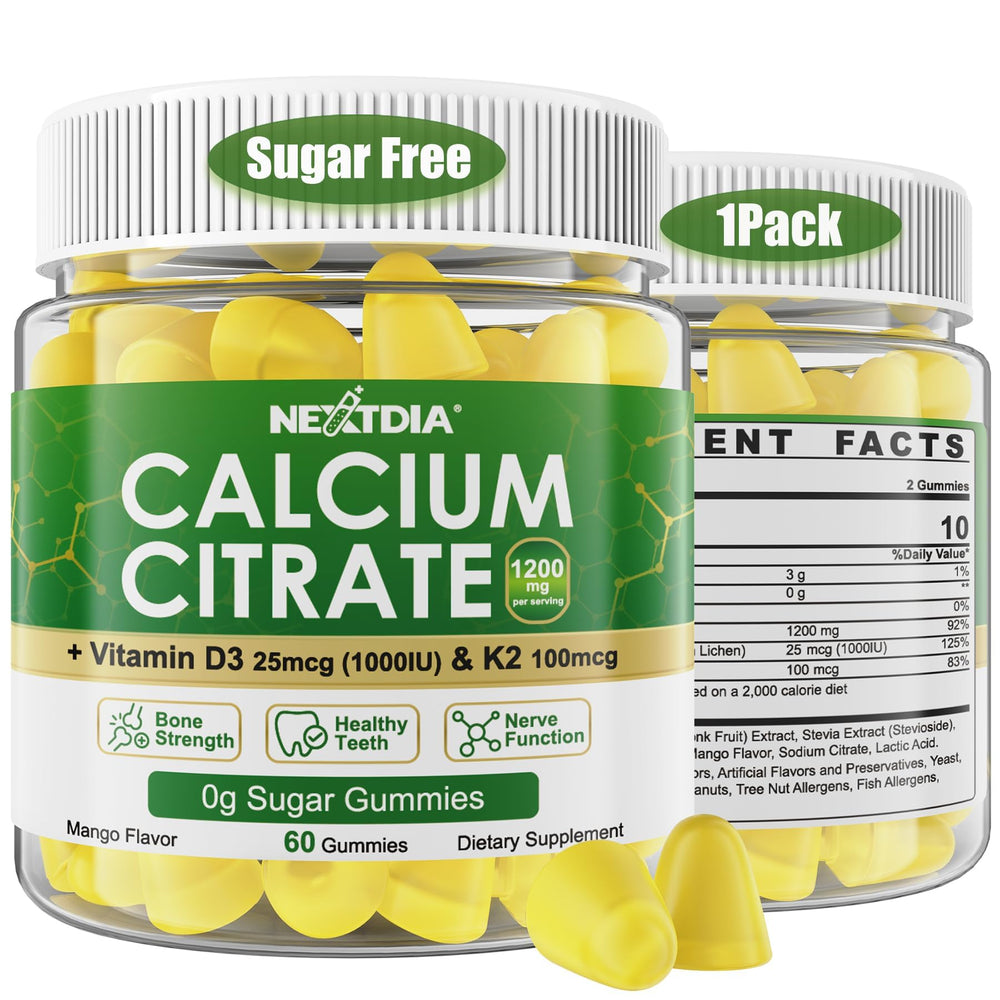 Nextdia calcium citrate gummies bottle pour showcases mango flavor and bone support