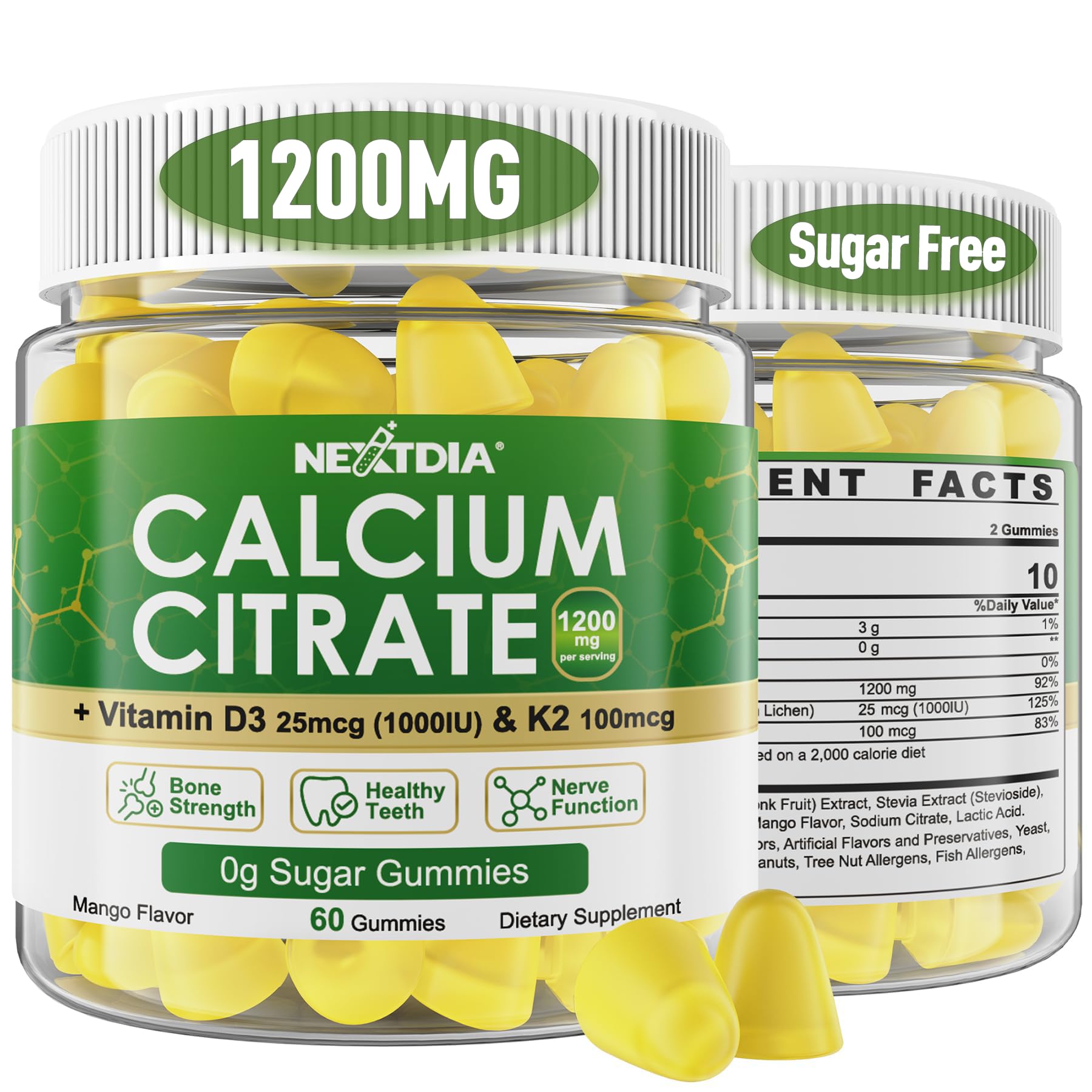 Nextdia calcium citrate gummies bottle for daily bone support in a tasty mango flavor