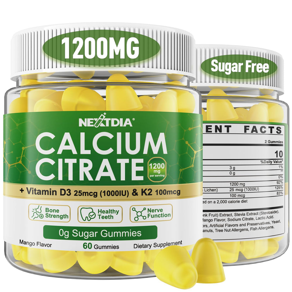 Nextdia calcium citrate gummies bottle for daily bone support in a tasty mango flavor