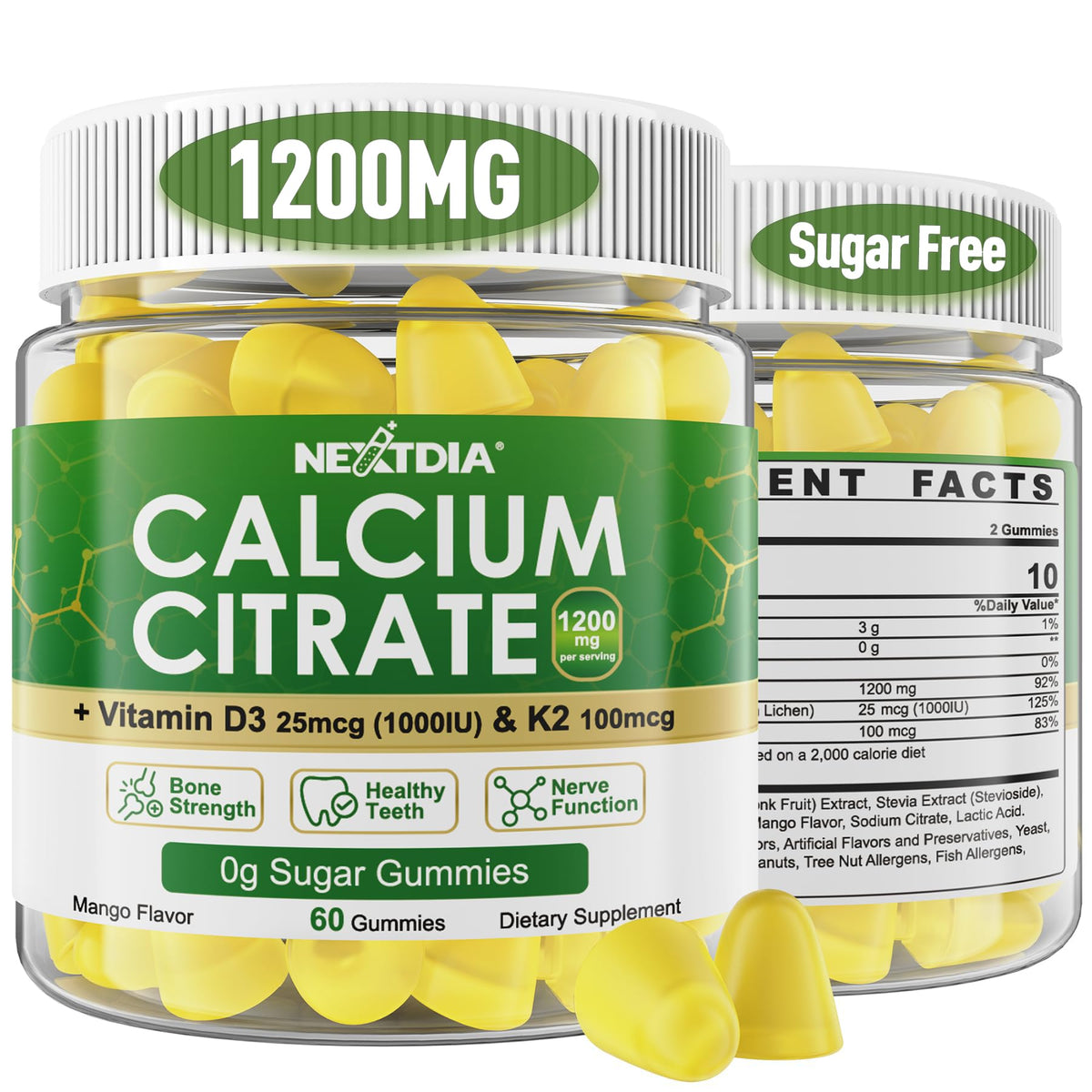Nextdia calcium citrate gummies bottle for daily bone support in a tasty mango flavor