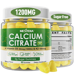 Nextdia calcium citrate gummies bottle for daily bone support in a tasty mango flavor