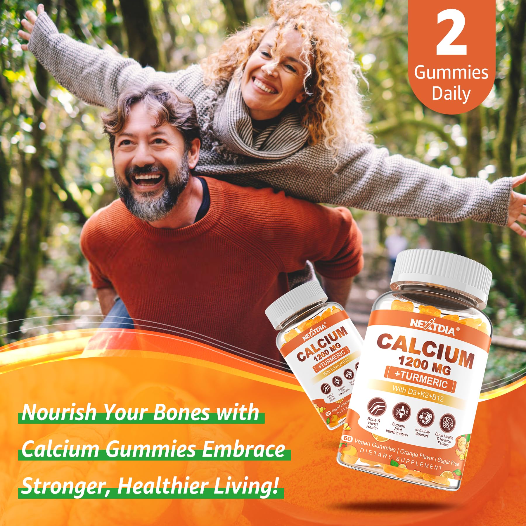 On-the-go packaging for Nextdia Calcium Gummies suggests portable daily vitamin support.