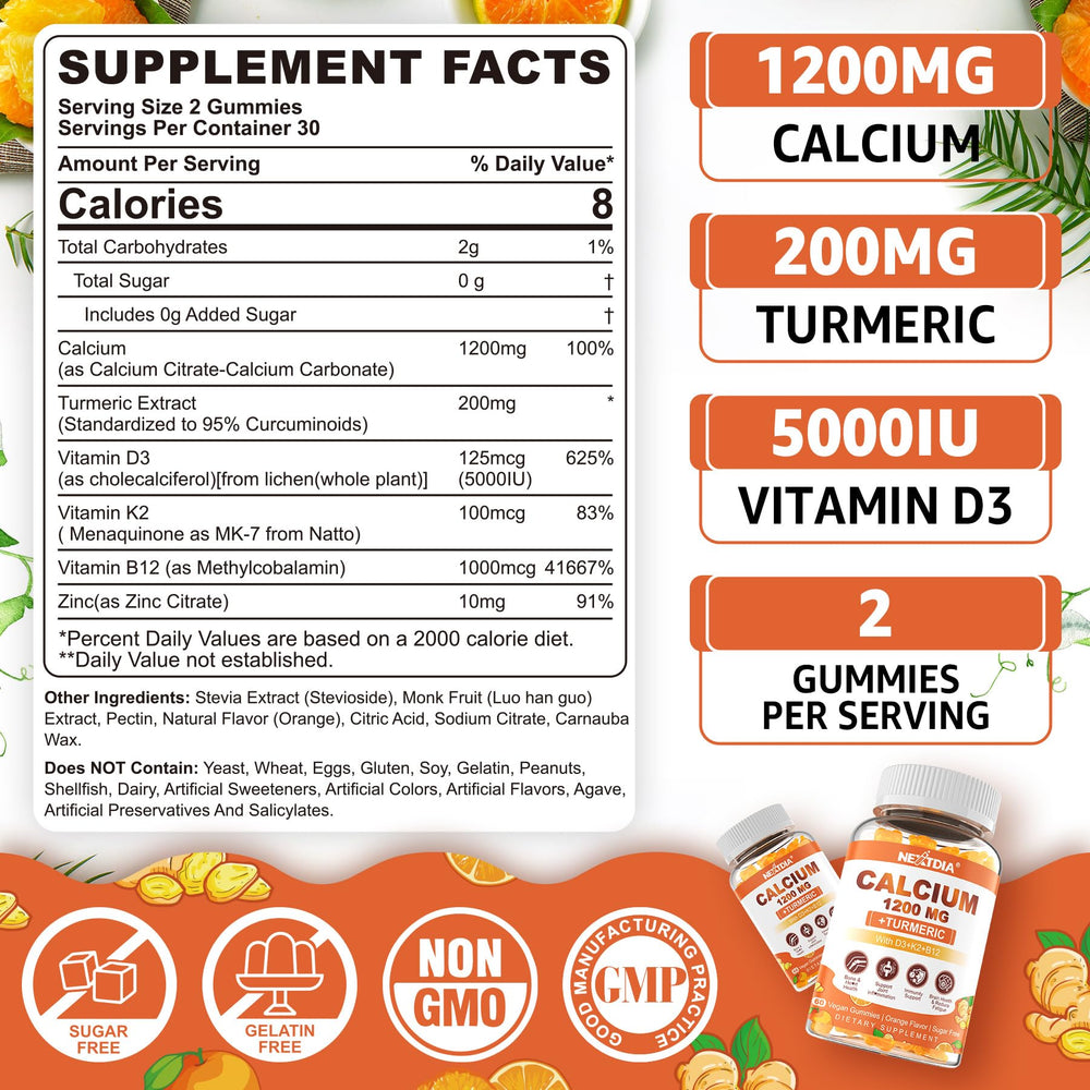 Nextdia Calcium Gummies sugar-free label highlights a clean, daily wellness solution.