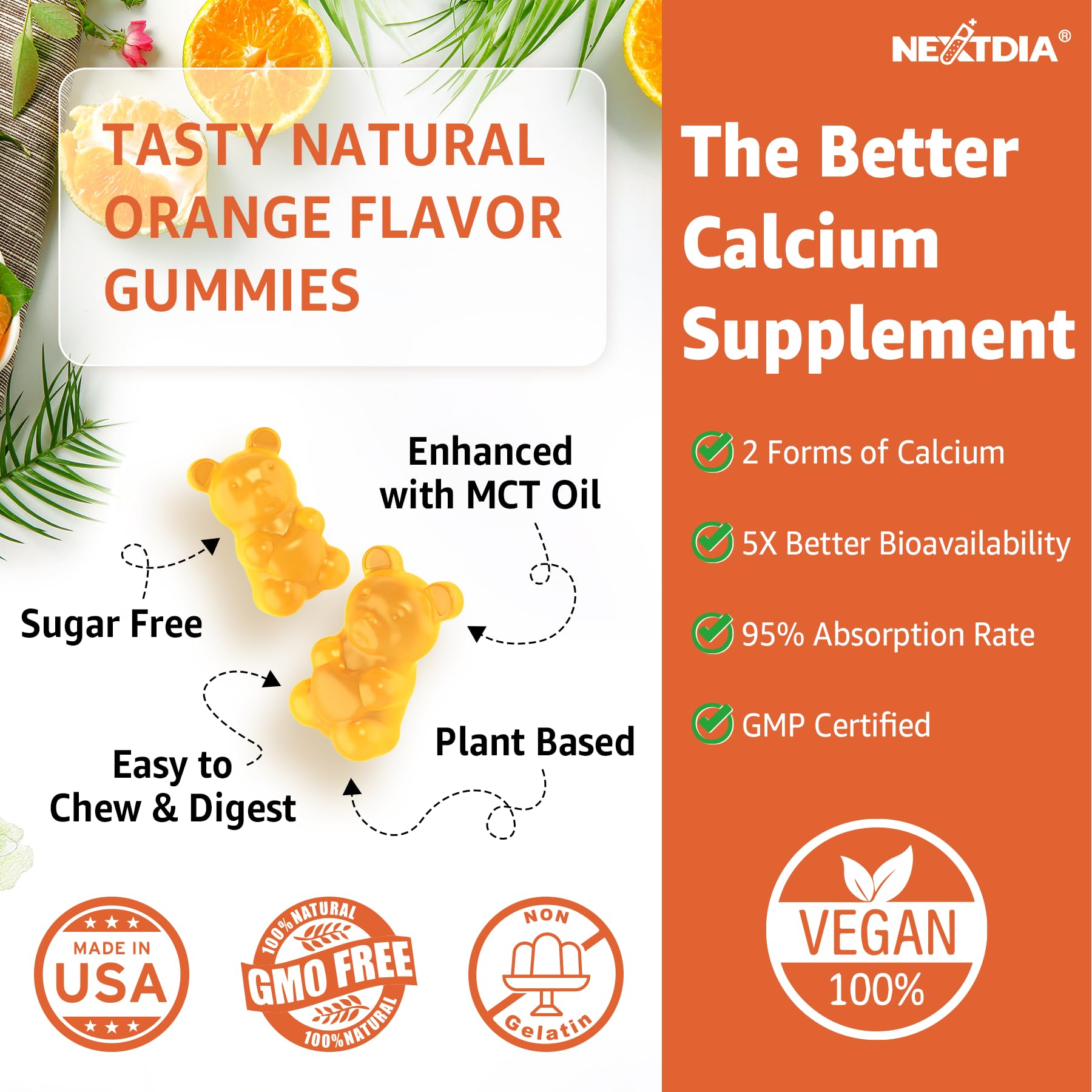 Vegan label on Nextdia Calcium Gummies underscores plant-based, non-GMO formulation.