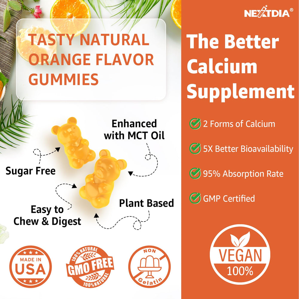 Vegan label on Nextdia Calcium Gummies underscores plant-based, non-GMO formulation.