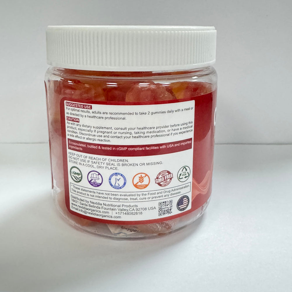 Nextdia CoQ10 Gummies closeup shows chewy texture and flavor.