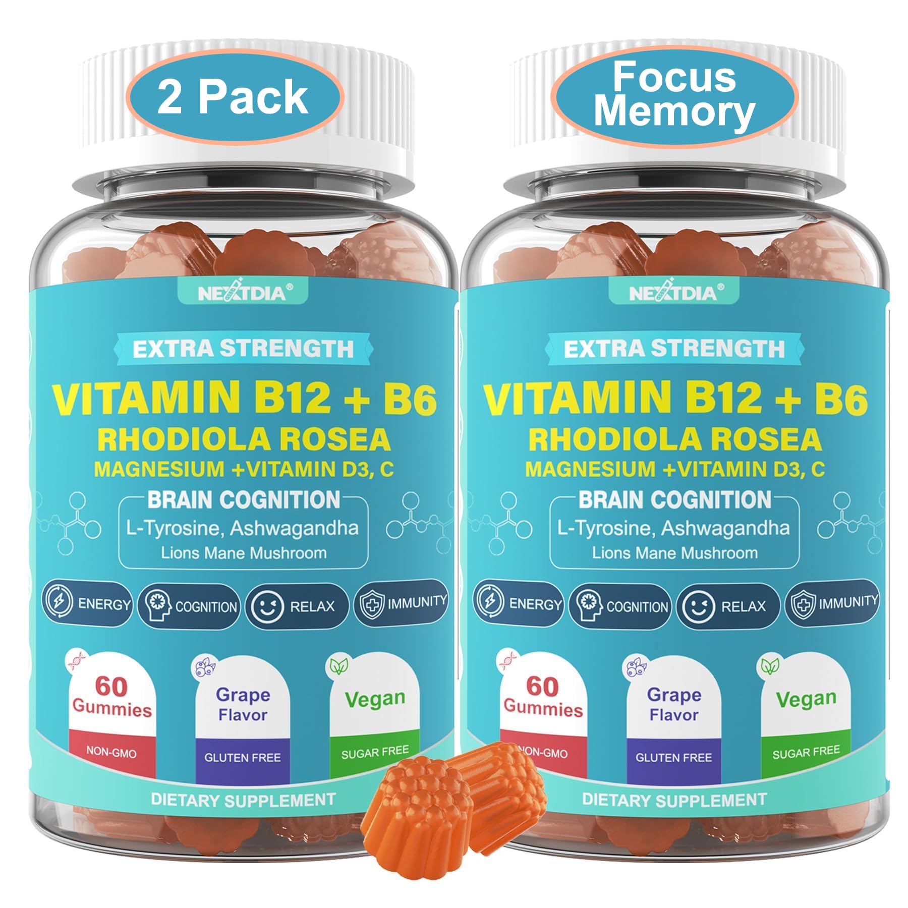 Nextdia Focus Memory & Energy Gummies bottle front view supports study-ready focus.