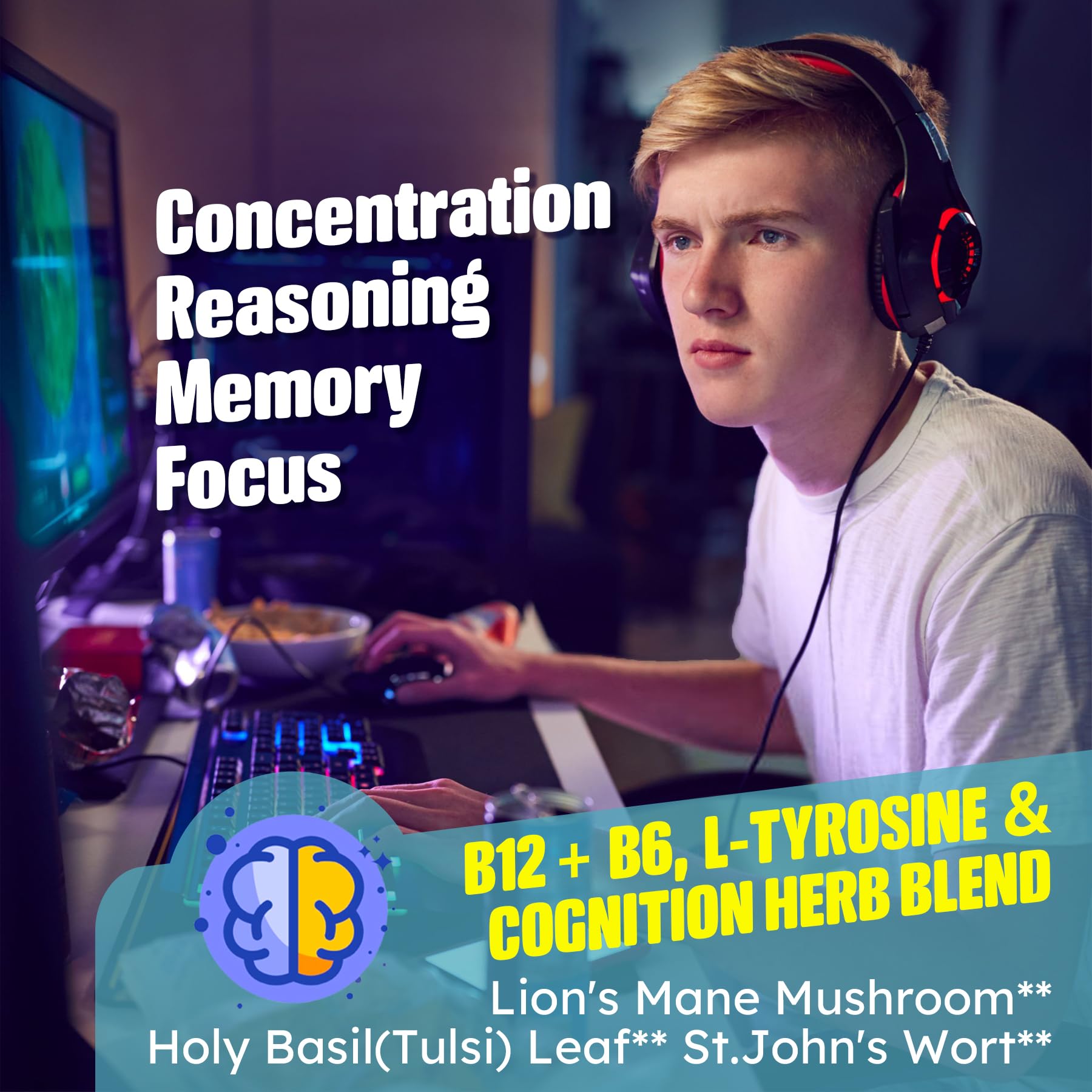 Nextdia Focus Memory & Energy Gummies label detail highlighting B vitamins and Lion’s Mane.