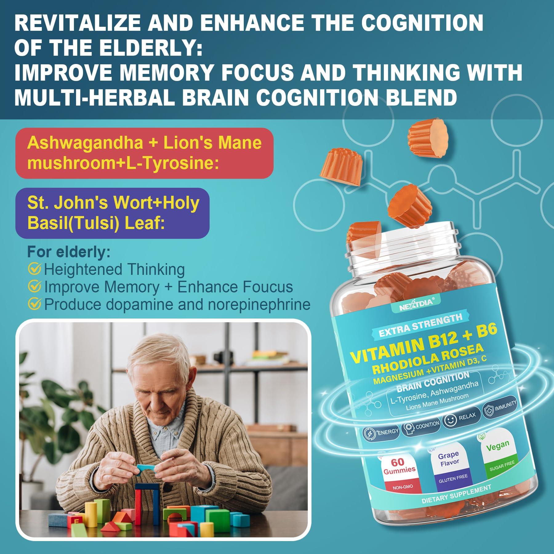 Nextdia Focus Memory & Energy Gummies pill-count close-up emphasizes value and convenience.