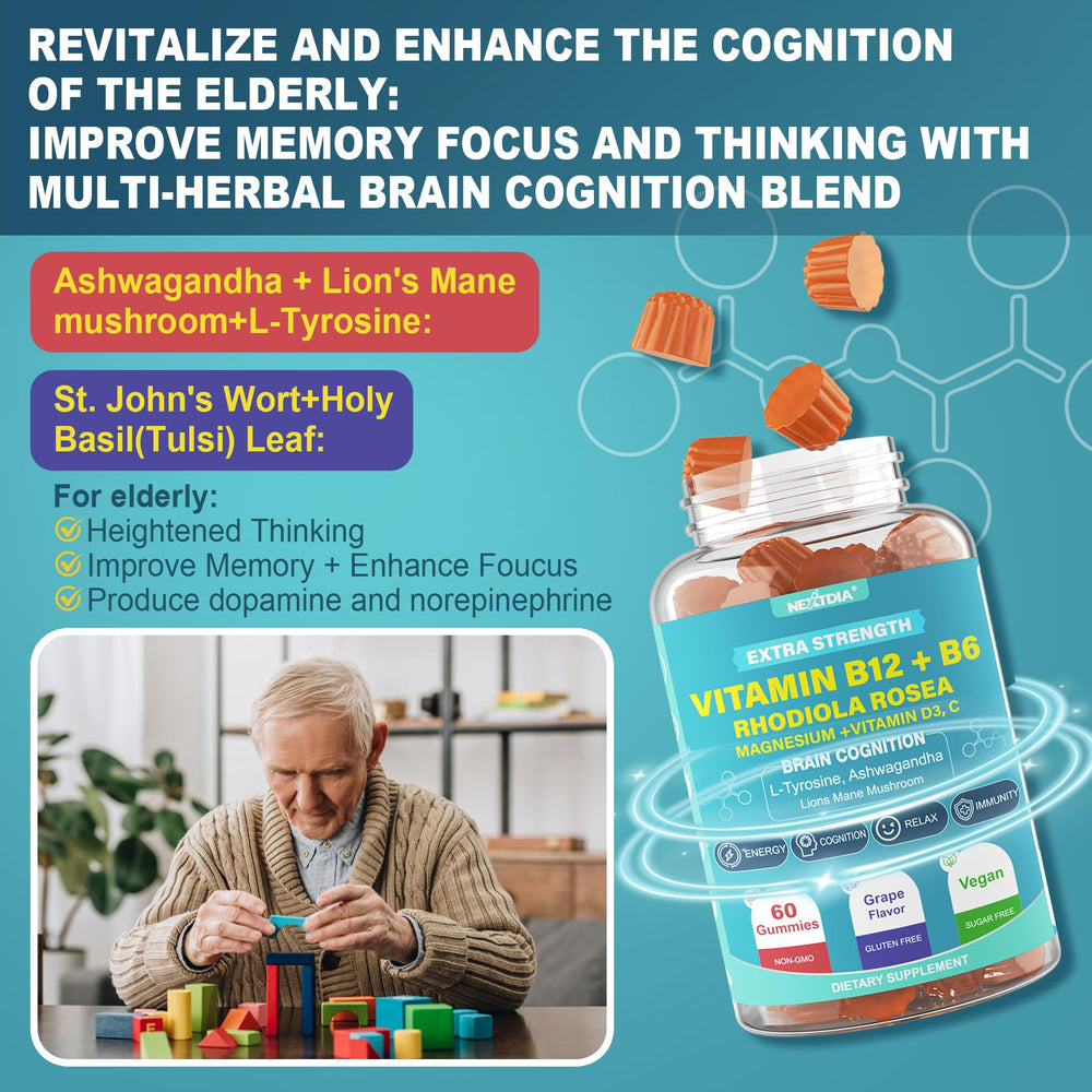 Nextdia Focus Memory & Energy Gummies pill-count close-up emphasizes value and convenience.