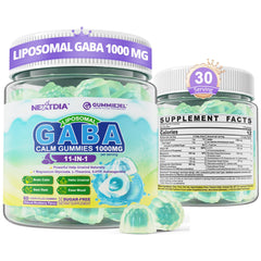 Nextdia GABA Gummies bottle pour showing calm mood delivery for busy days