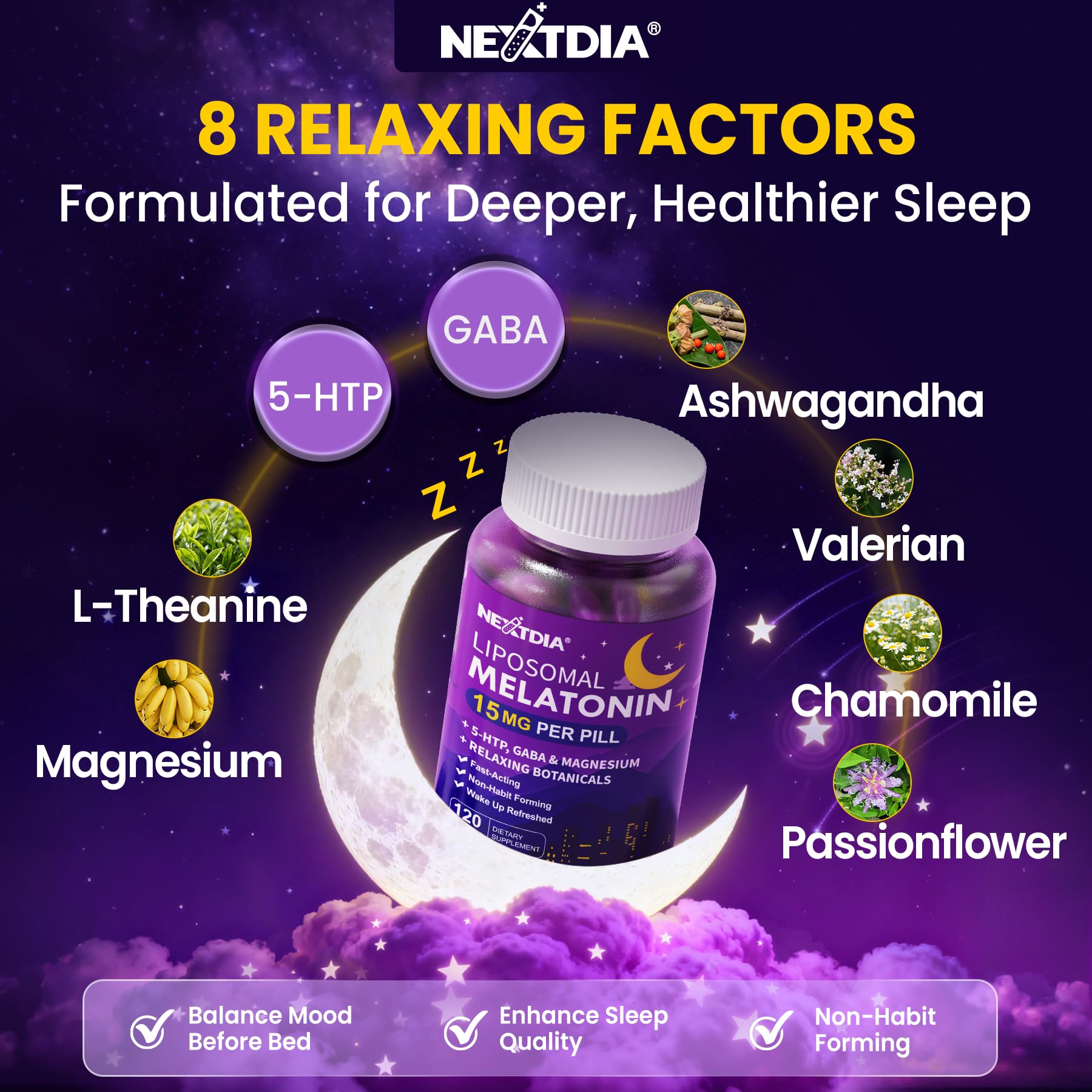 Nextdia GABA-L-Theanine-5HTP synergy eases racing thoughts before bed.