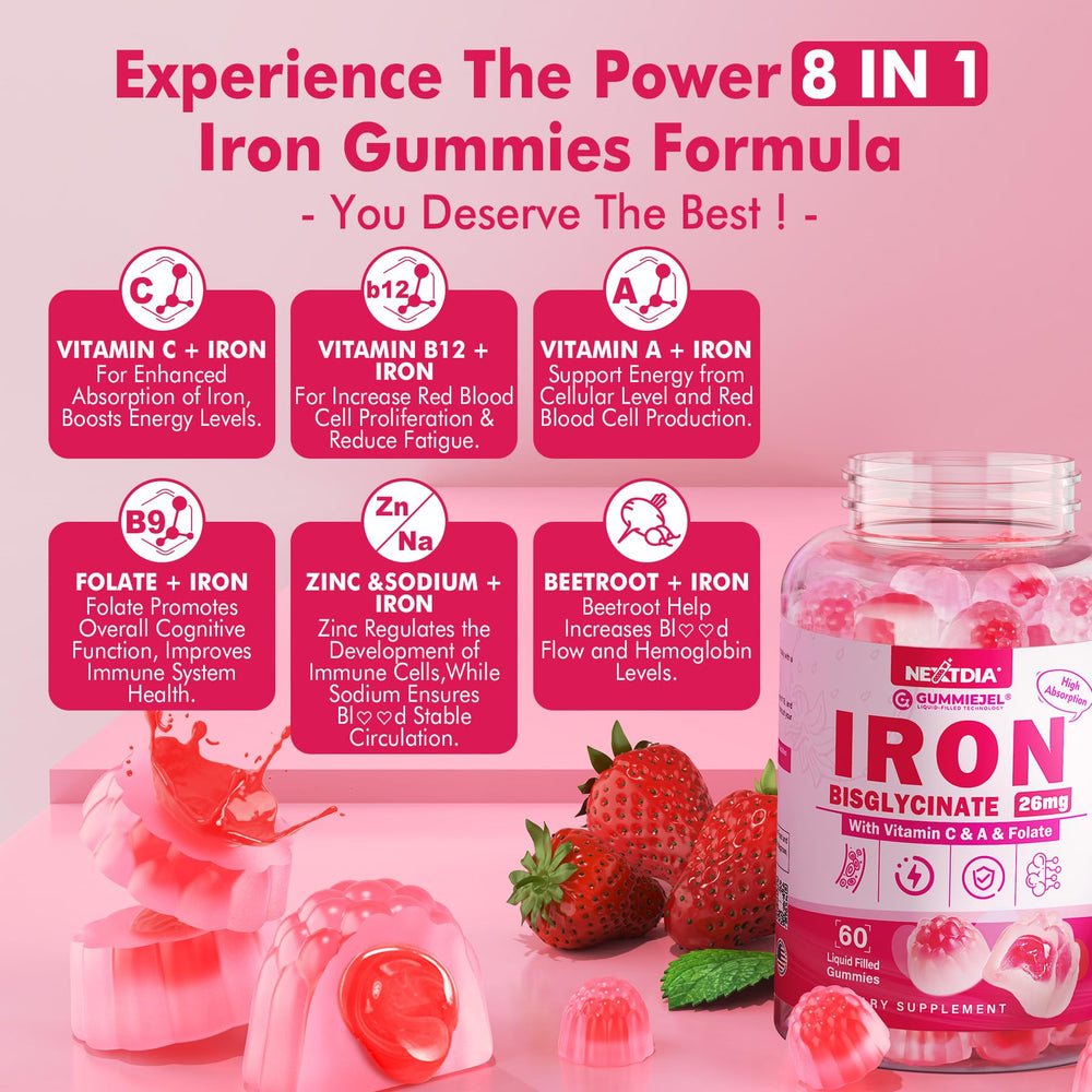 Nextdia iron bisglycinate with vitamin C and beetroot boosts absorption visuals.
