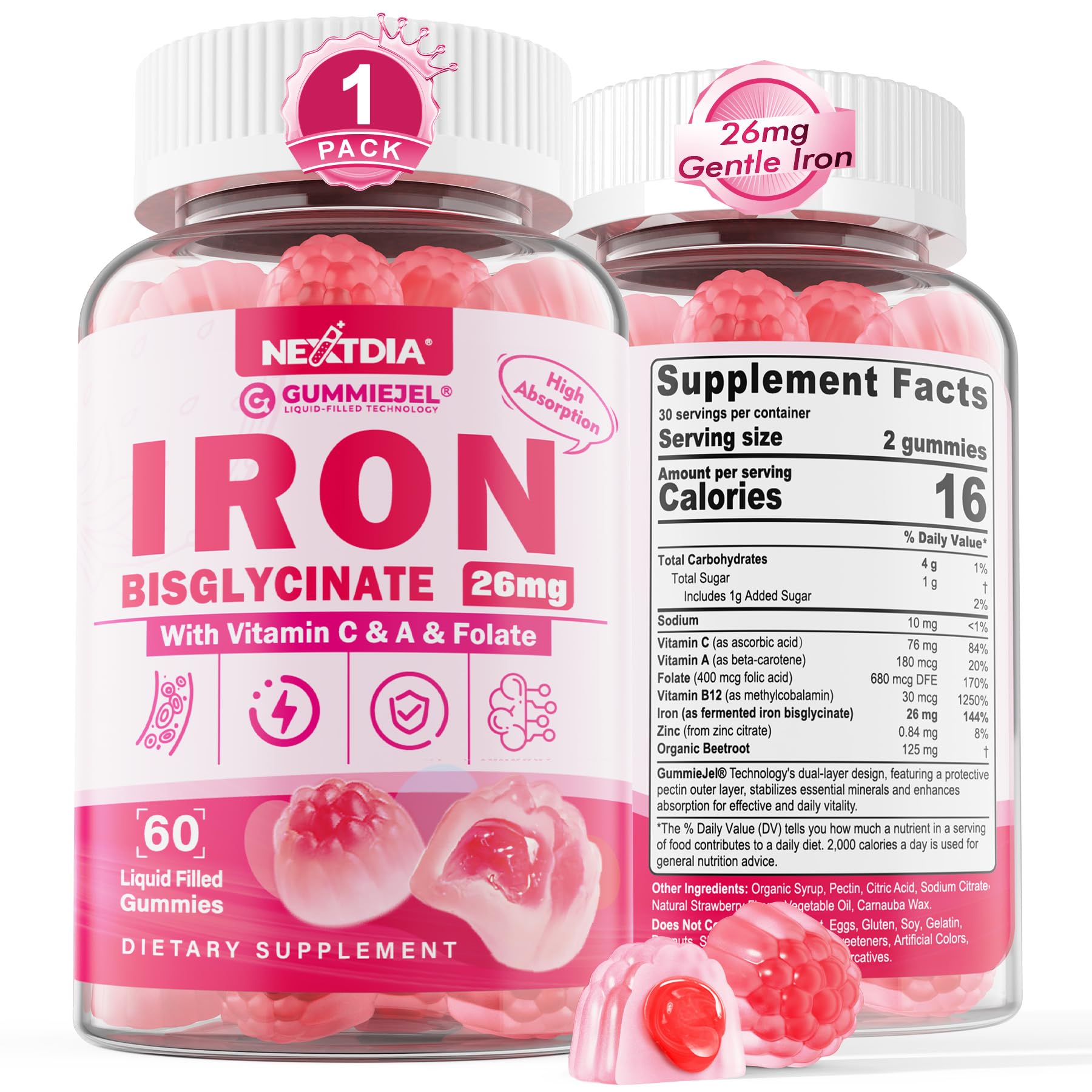 Nextdia Iron Gummies bottle front view showing gentle iron support for daily energy.