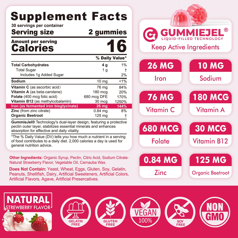Nextdia Iron Gummies close-up reveals inner liquid-filled center for smoother absorption.