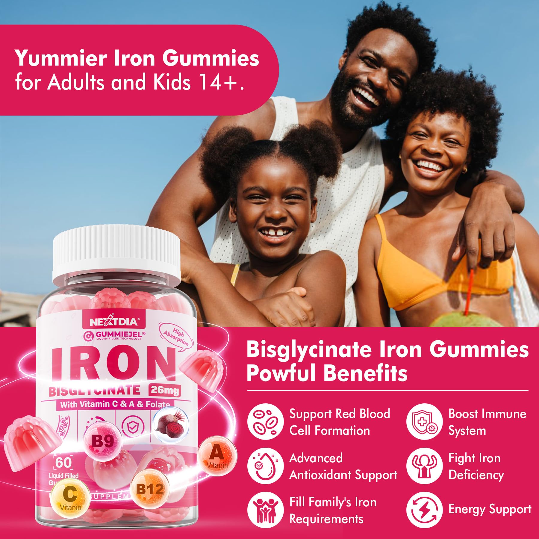 Nextdia Iron Gummies being enjoyed by adults and teens in daily routine.