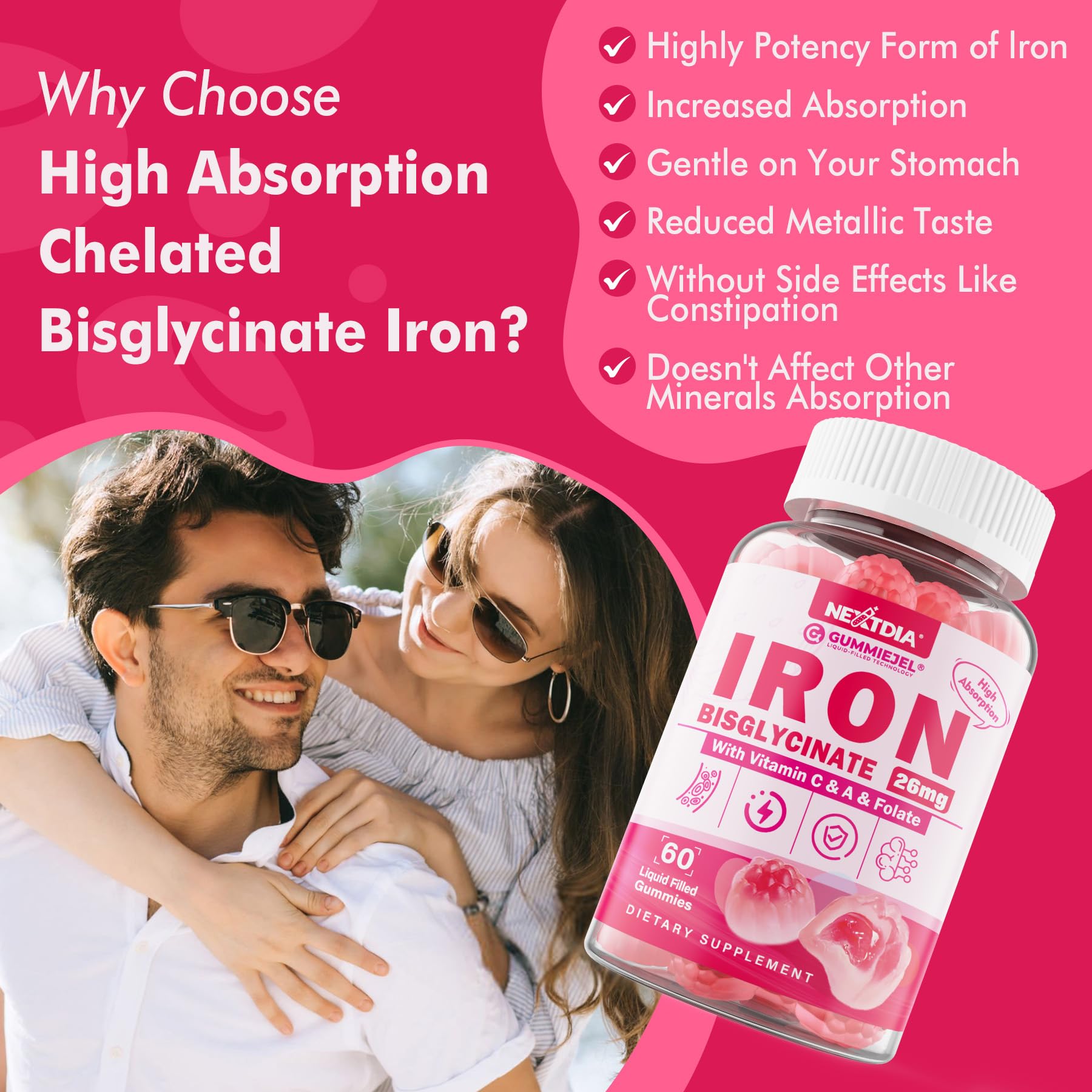 Nextdia Iron Gummies ingredients logo emphasizes vegan, non-GMO, natural formula.