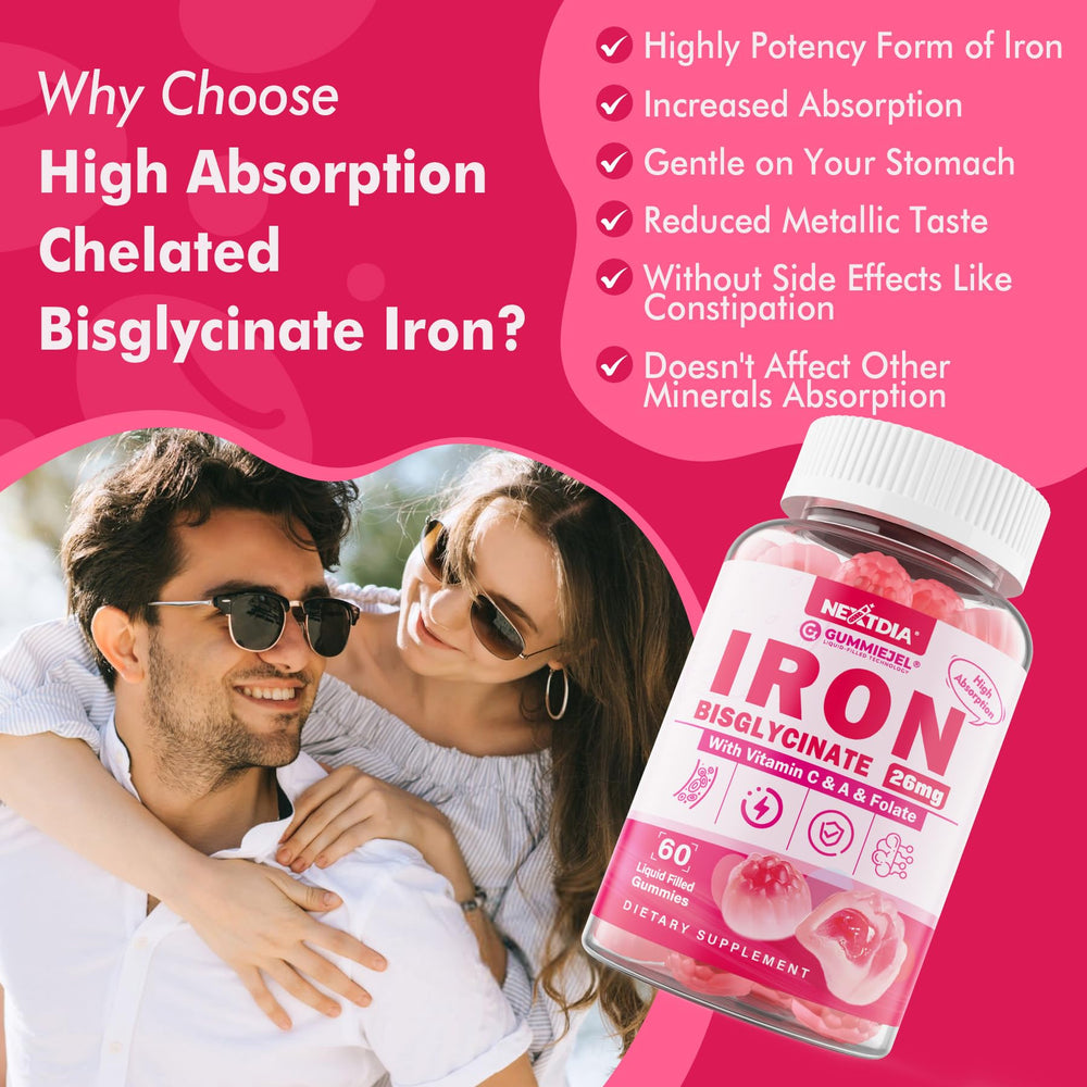 Nextdia Iron Gummies ingredients logo emphasizes vegan, non-GMO, natural formula.