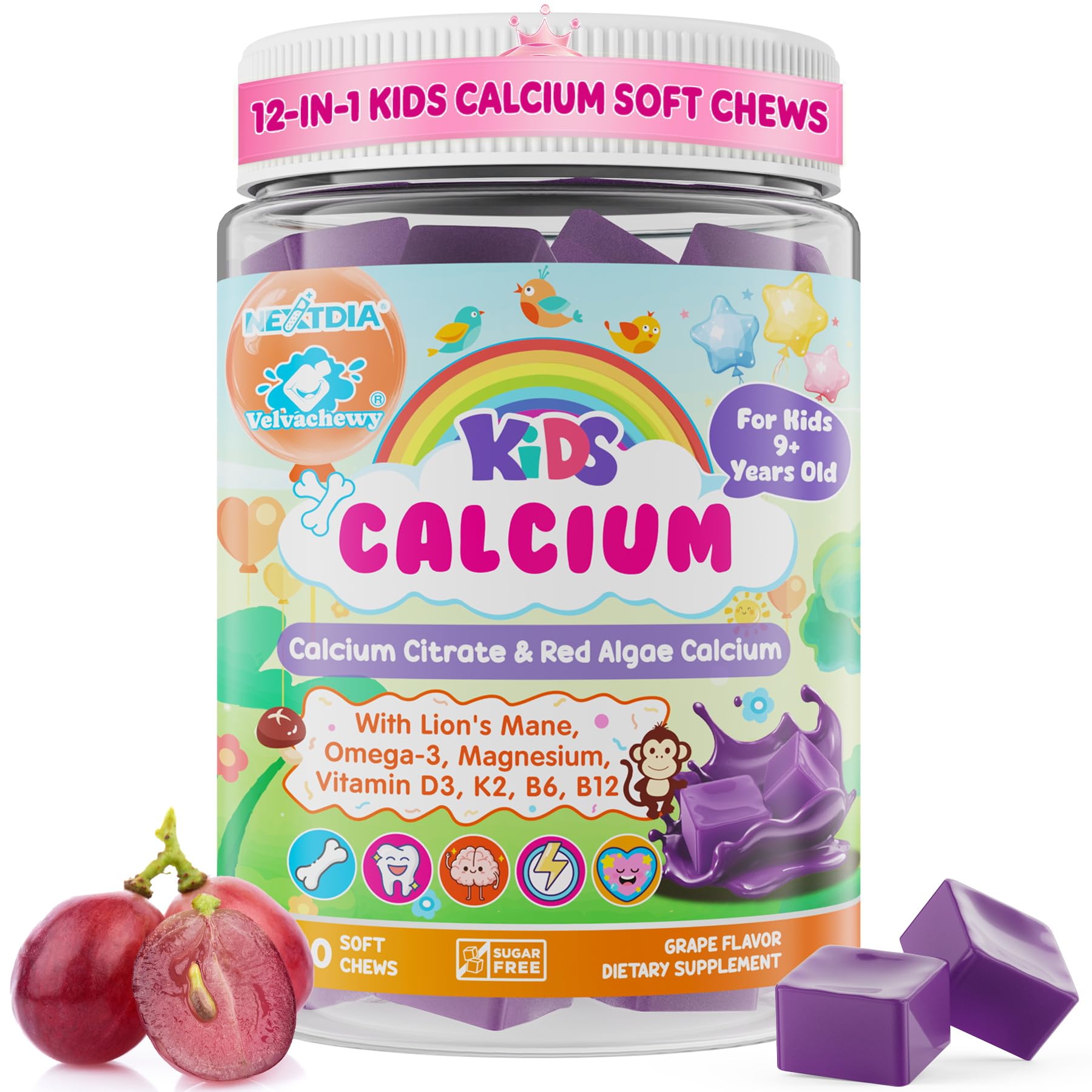 Nextdia Kids Calcium Soft Chews grape flavor for growing bones and teeth