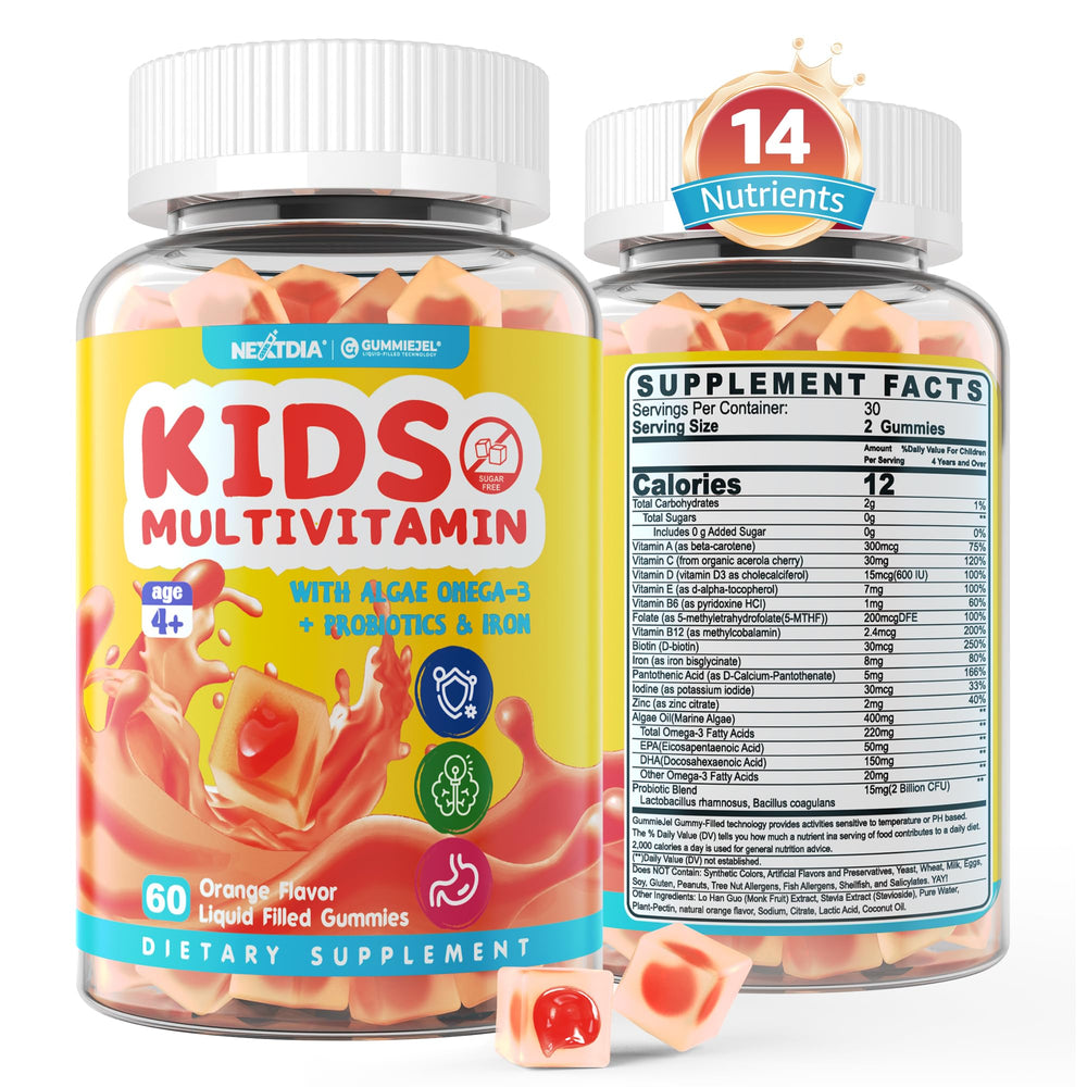 Nextdia Kids Multivitamin Gummies bottle front showing 60 sugar-free vitamins for daily support.