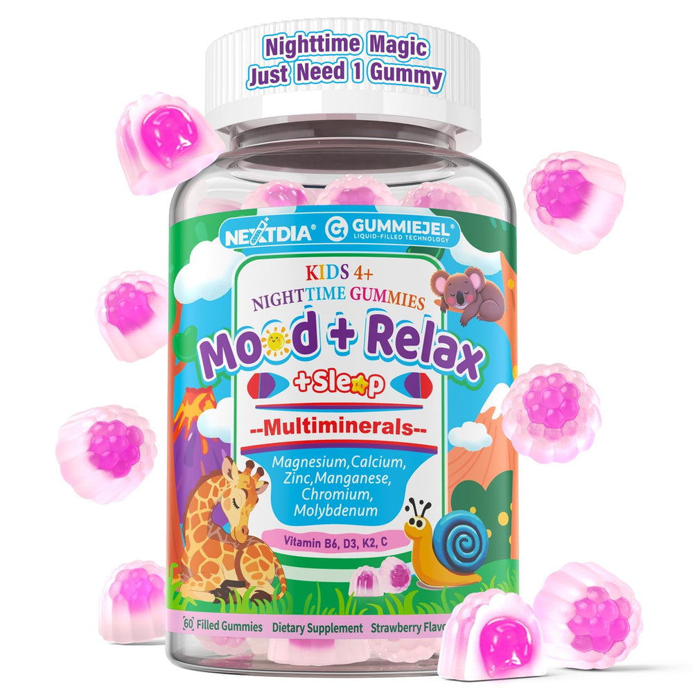 Nextdia Kids Nighttime Multimineral Gummies bottle for a calming bedtime routine