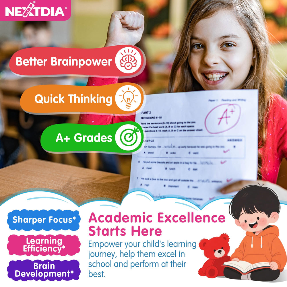 Kids studying with Nextdia gummies in hand for better focus