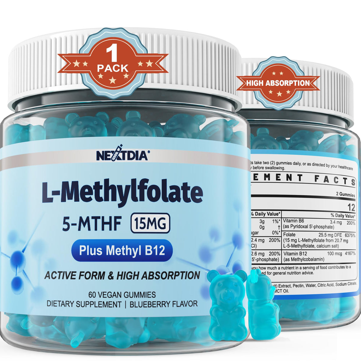 Nextdia L-MethylFolate gummies bottle for easy daily energy and focus support.