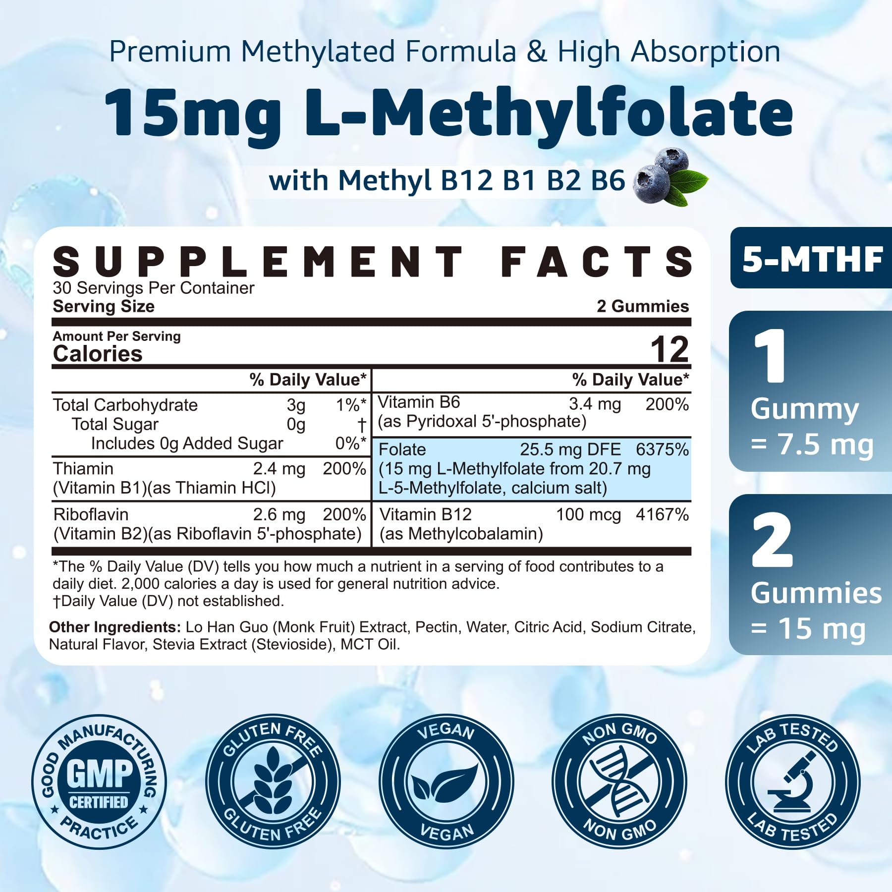 Nextdia L-MethylFolate gummies label close-up showing vegan high-absorption 5-MTHF formula.