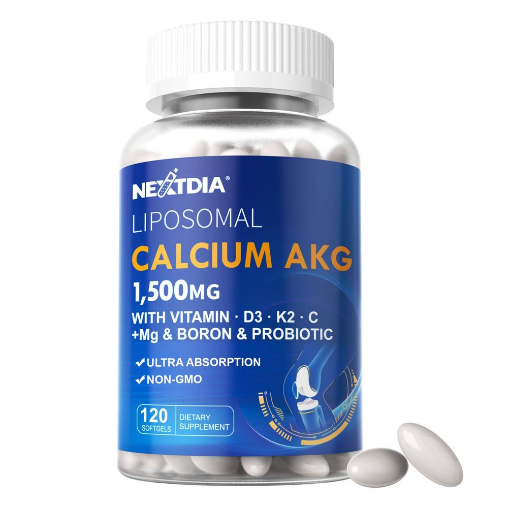 Nextdia liposomal calcium AKG 1500mg bottle shows enhanced bioavailability for calcium delivery
