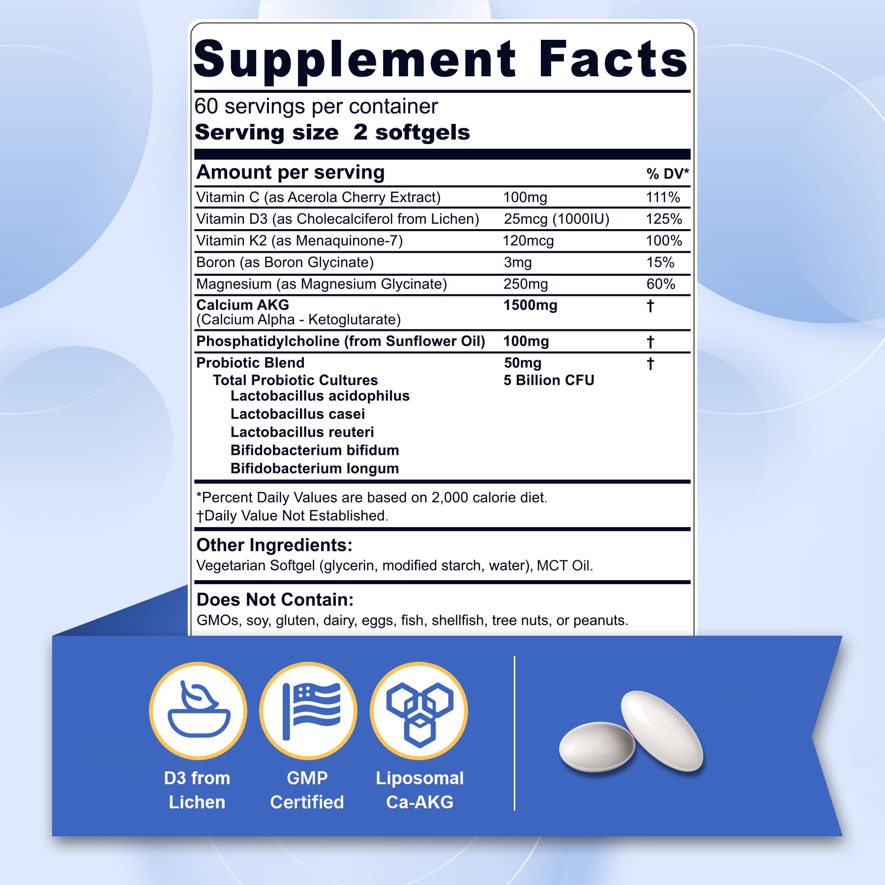 Nextdia liposomal calcium AKG softgels closeup, easy-to-swallow capsules for daily bone support