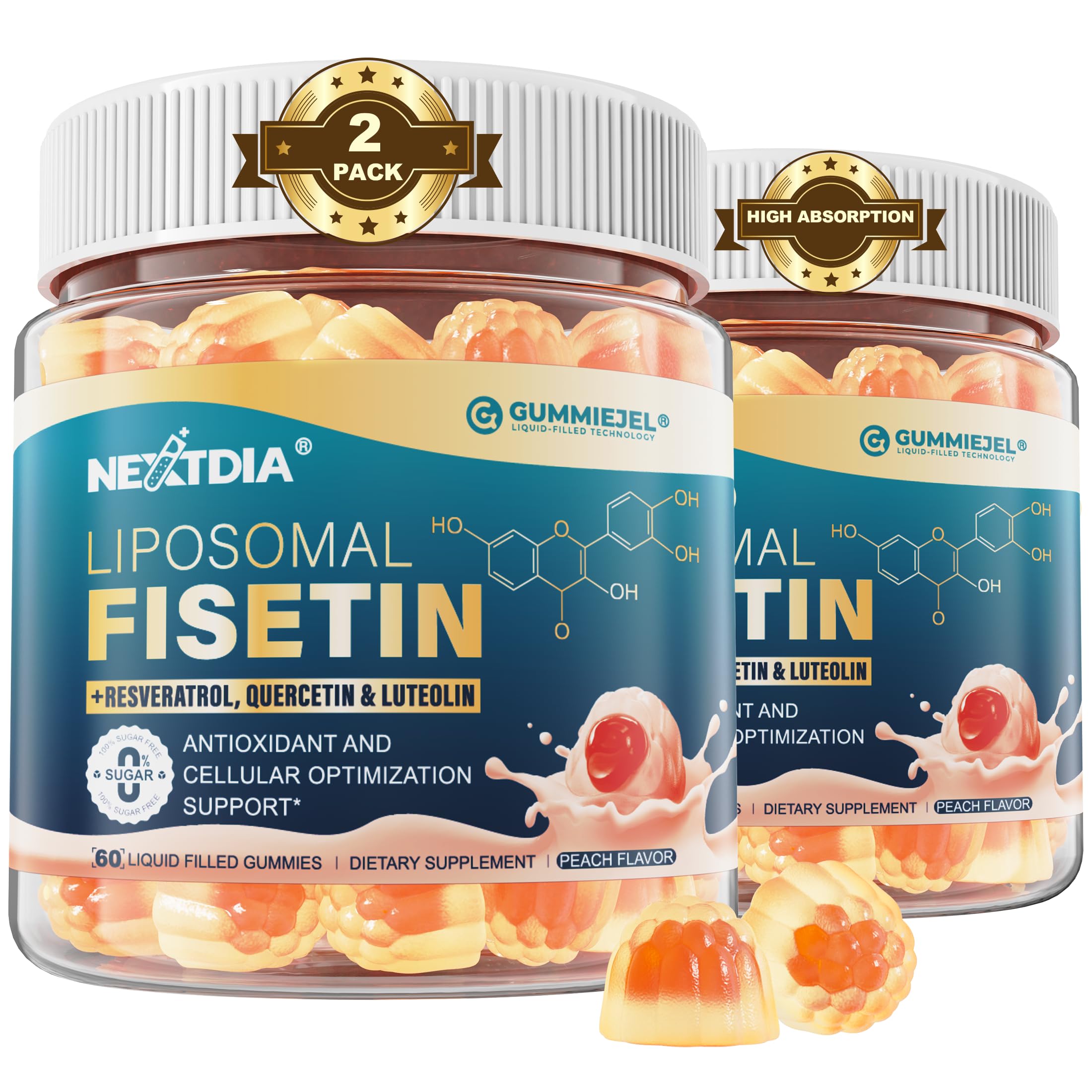 Nextdia Liposomal Fisetin Gummies bottle showcasing convenient daily wellness