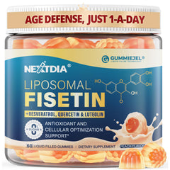 Nextdia Liposomal Fisetin Gummy bottle front with peach flavor for daily wellness