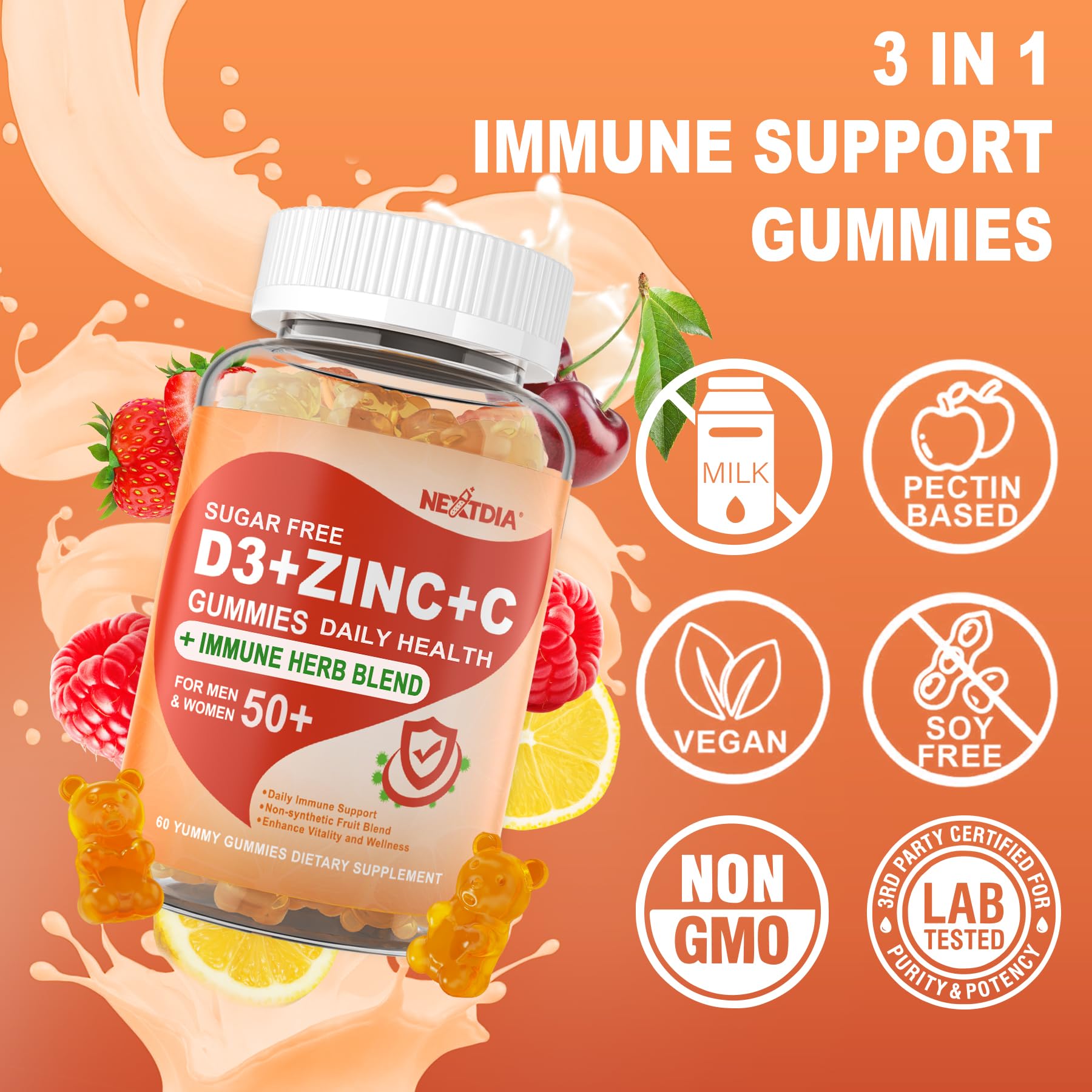 Nextdia mango-berry gummy shot beside herbs suggesting immune wellness.
