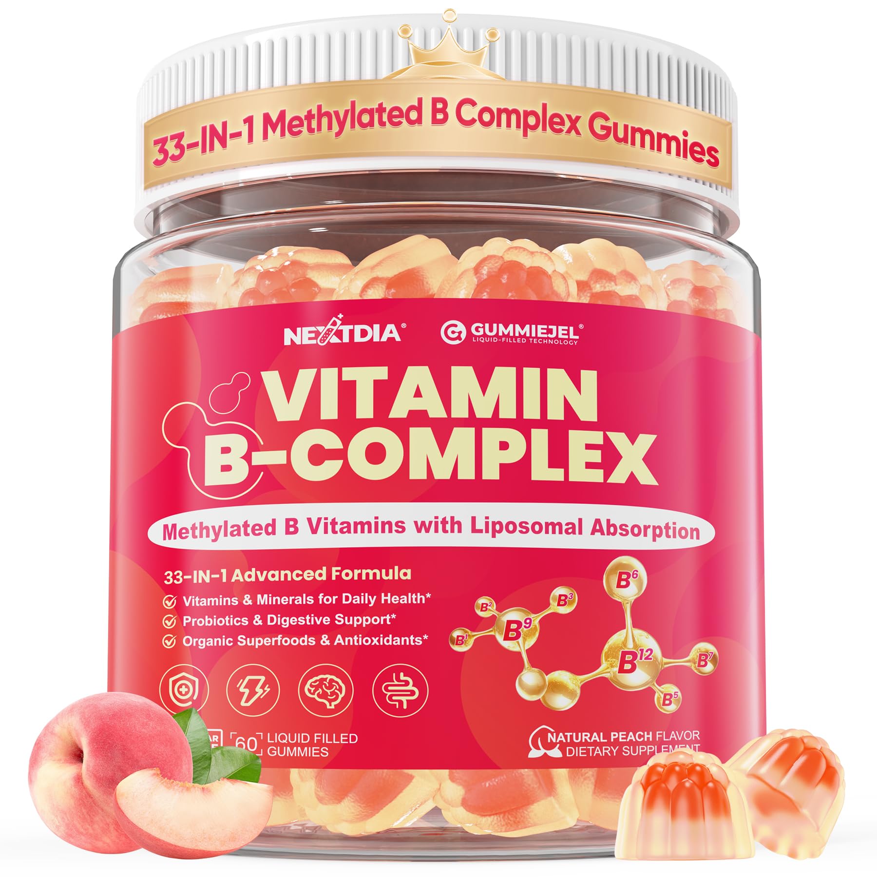 Nextdia methylated B-complex gummies bottle shows high-potency vitamins for daily energy.