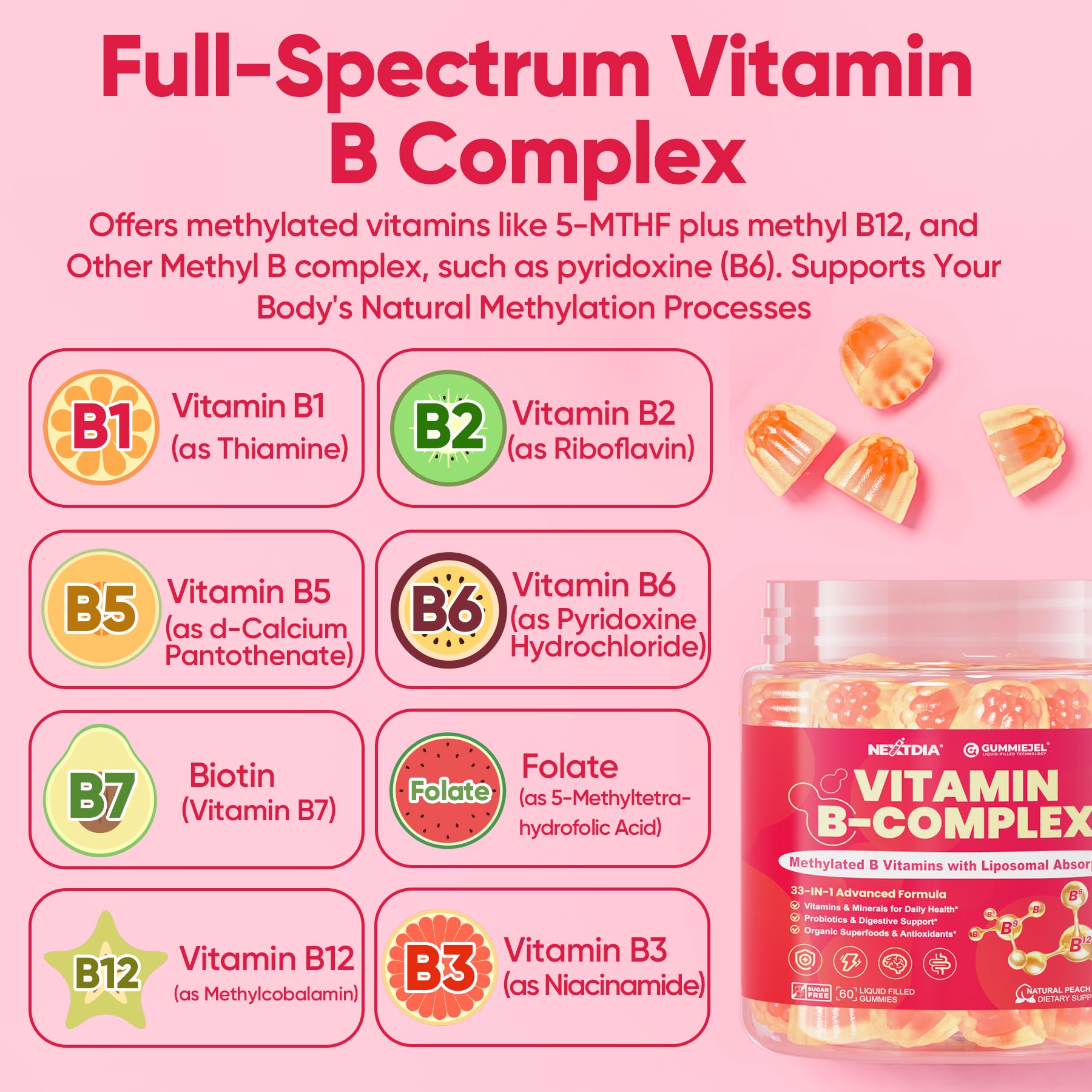 Nextdia methylated B-complex gummies probiotic blend supports digestion and balance.