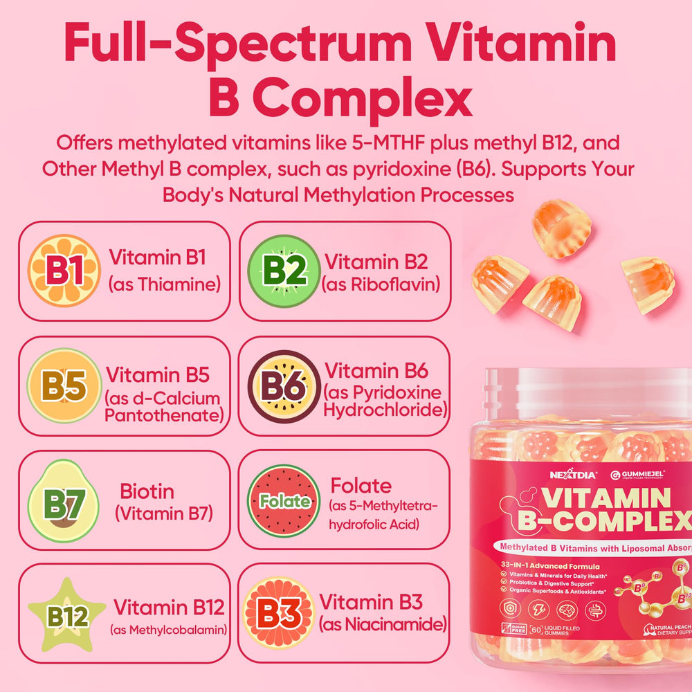 Nextdia methylated B-complex gummies probiotic blend supports digestion and balance.