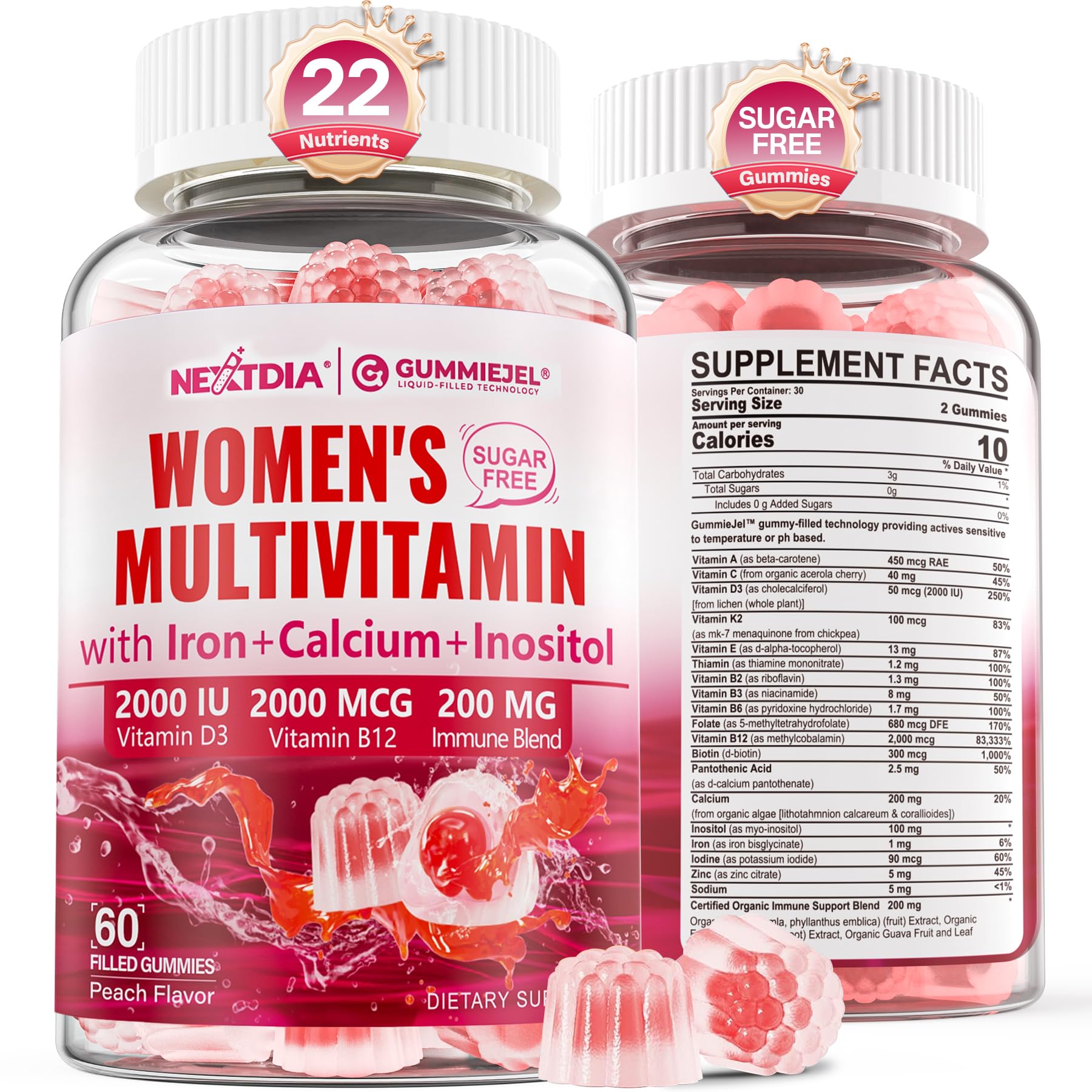 Nextdia methylated women's multivitamin gummies bottle for daily immune support and energy.