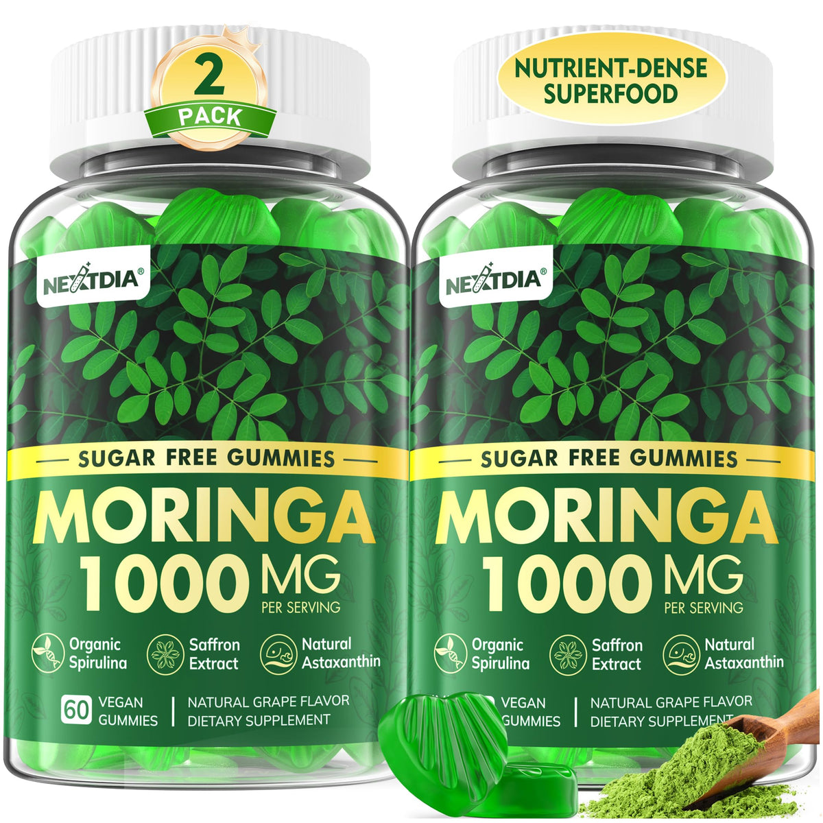 Nextdia Moringa Gummies bottle front shows a sugar-free, plant-powered energy boost