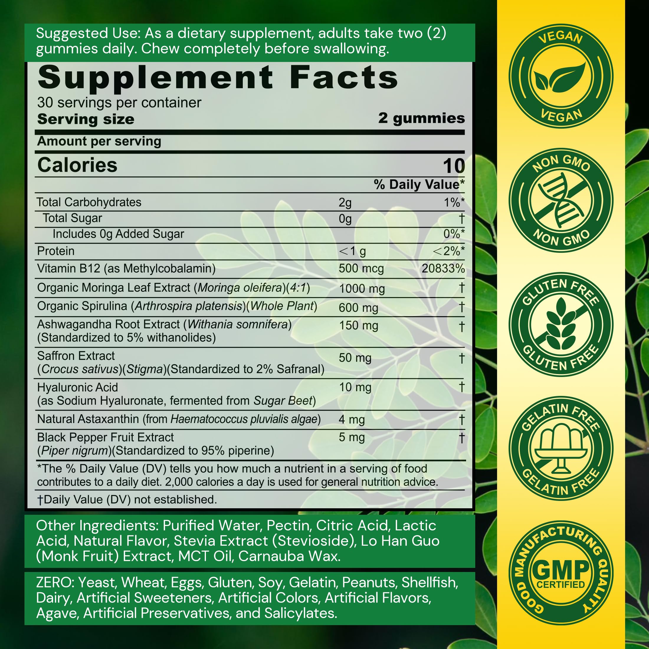 Nextdia Moringa Gummies bottle label highlights spirulina and adaptogens for daily wellness