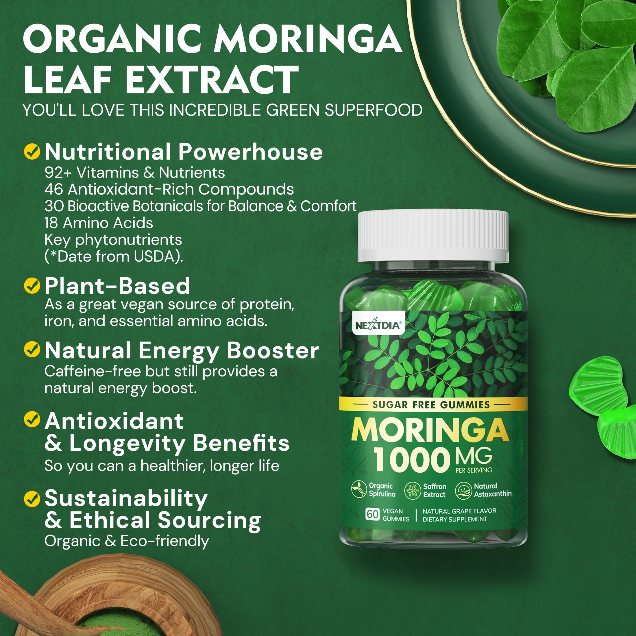 Nextdia Moringa Gummies ingredients panel showcases moringa, spirulina, saffron, and astaxanthin