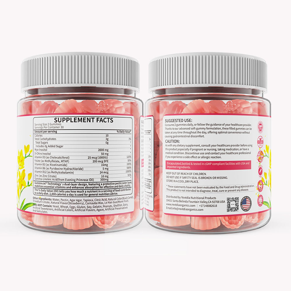 Nextdia Myo-Inositol Gummies label highlights 40:1 ratio and vegan certification.