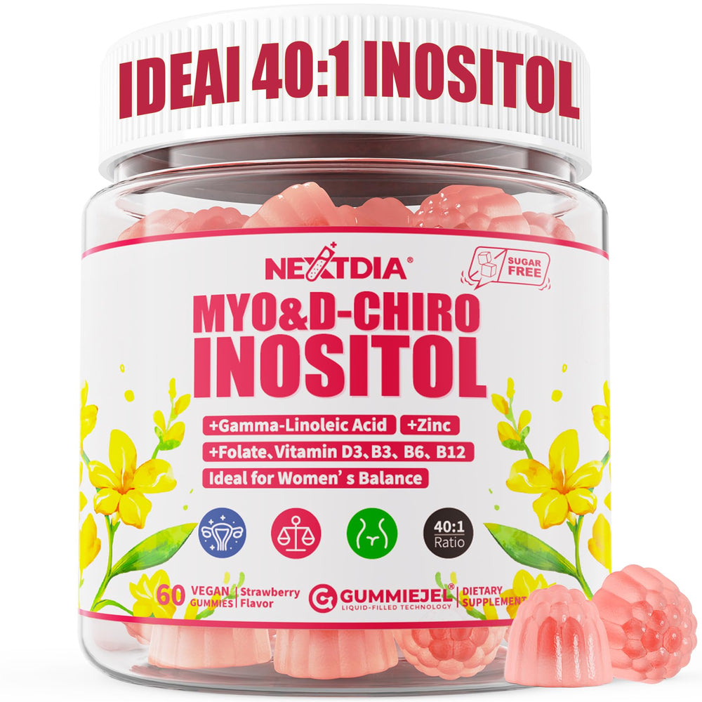 Nextdia Myo-Inositol Gummies strawberry bottle view for daily hormonal balance support.