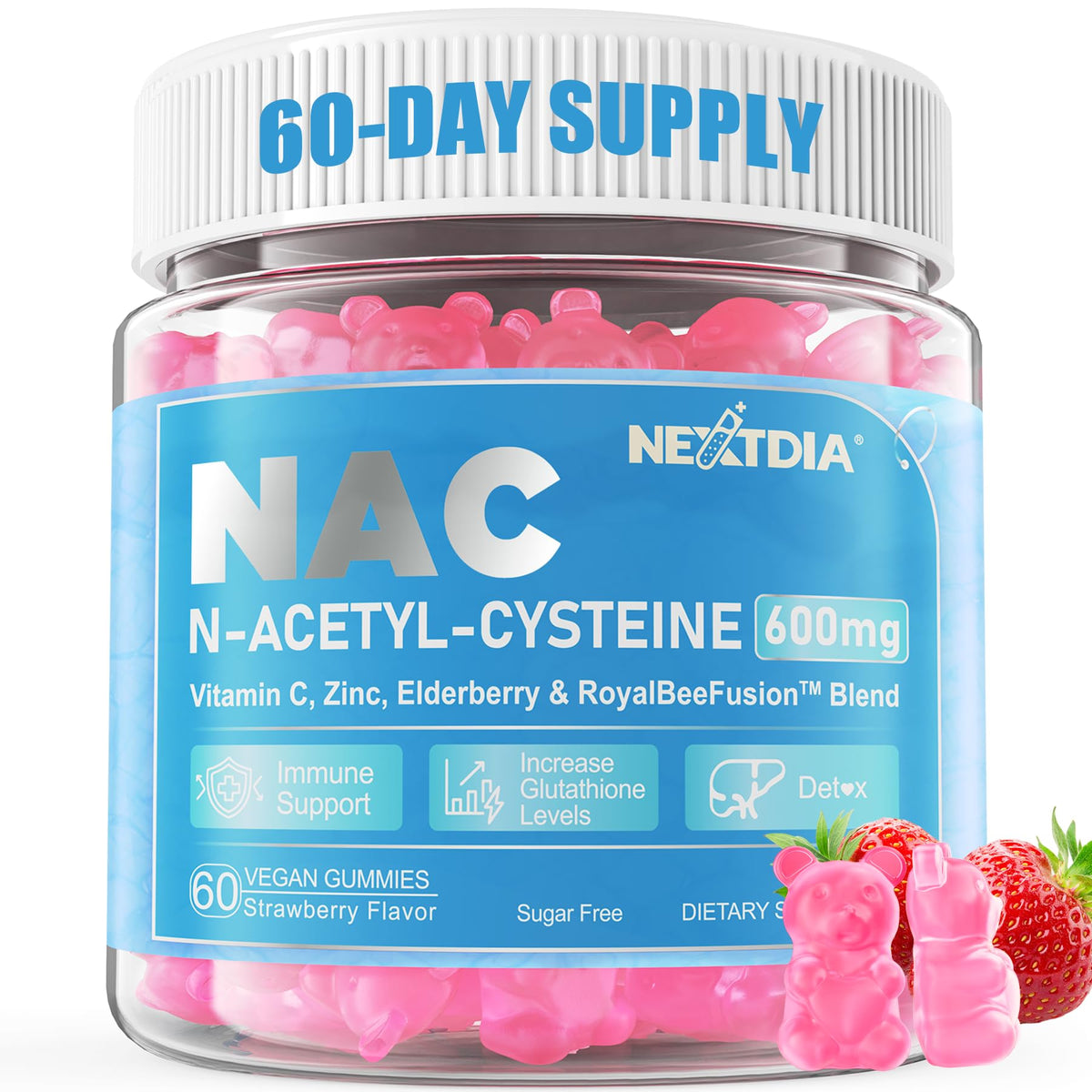 Nextdia NAC Gummies bottle front view, sugar-free formula designed for daily immune and antioxidant support.