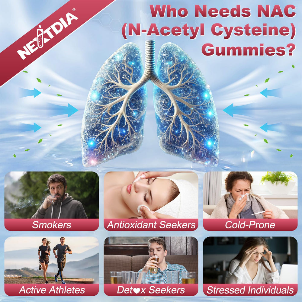 Sugar-free Nextdia NAC Gummies with stevia and monk fruit icons.