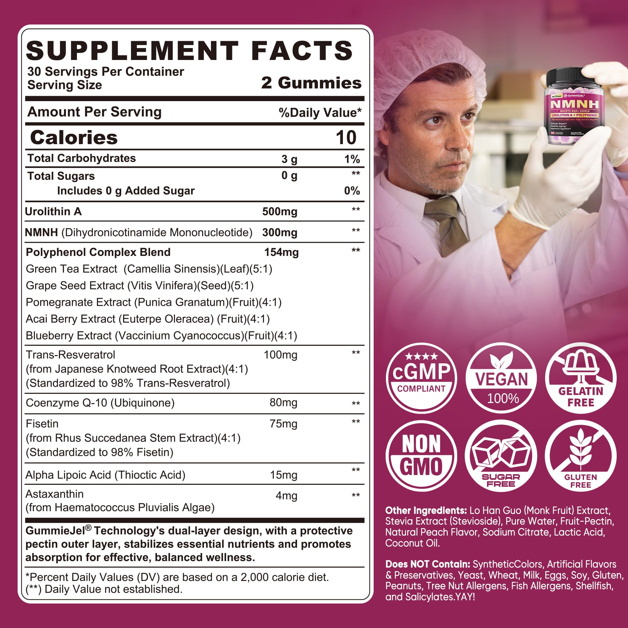 Nextdia NMNH Gummies bottle back reveals dosage and key ingredients for informed use.