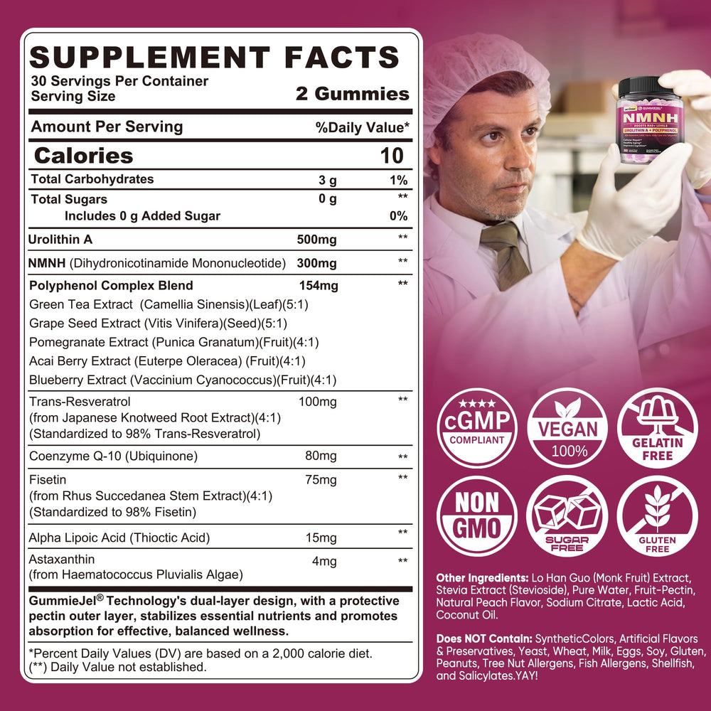 Nextdia NMNH Gummies bottle back reveals dosage and key ingredients for informed use.