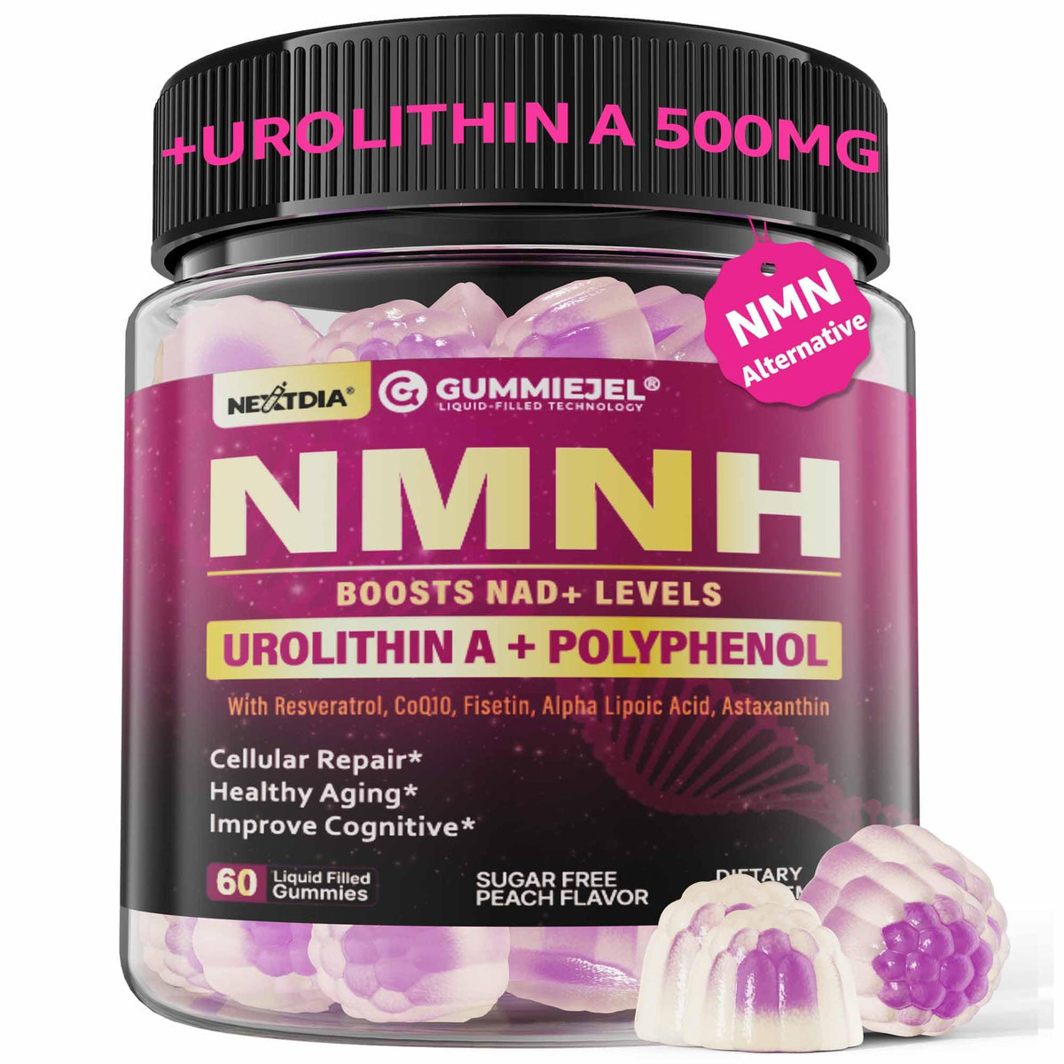 Nextdia NMNH Gummies bottle front shows peach flavor for daily NAD+ support.