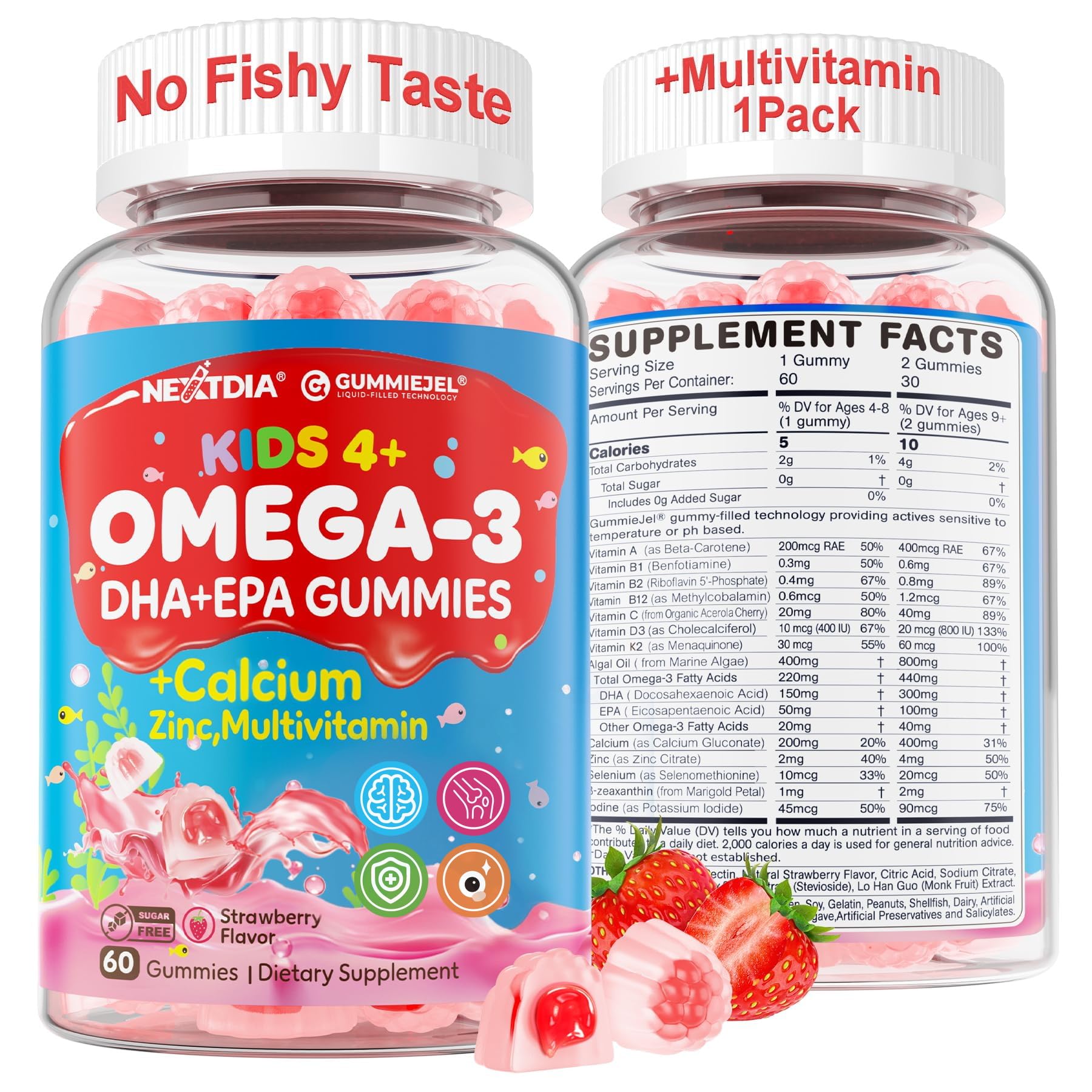 Nextdia Omega 3 kids gummies bottle with colorful vitamins for daily brain and eye support