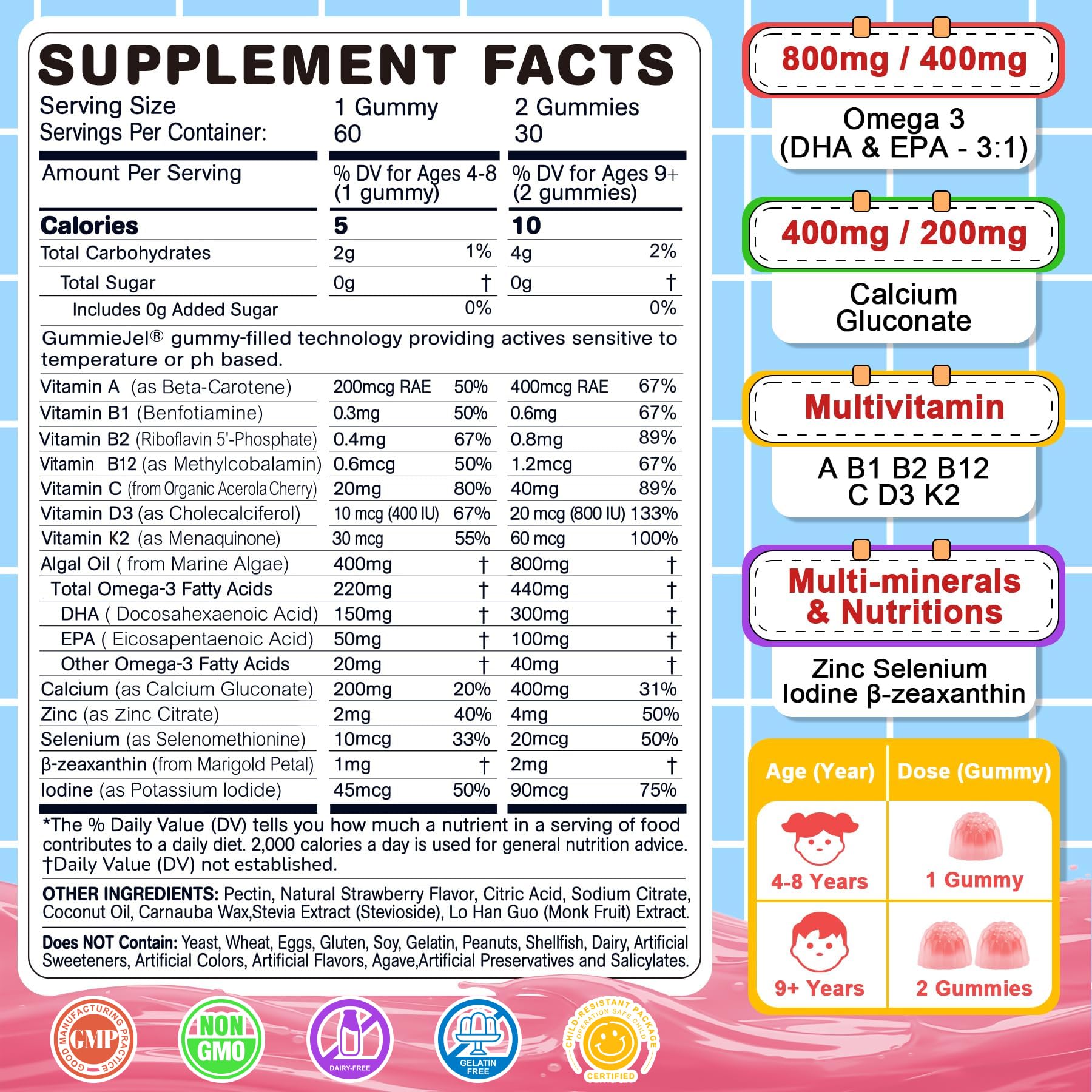 Nextdia Omega 3 gummies label closeup highlighting sugar-free, gelatin-free outer layer